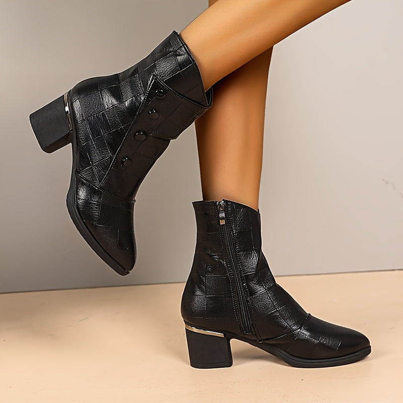 Women's Fleece-Lined Mid-Calf Ankle Boots with Block Heel in Black and Brown