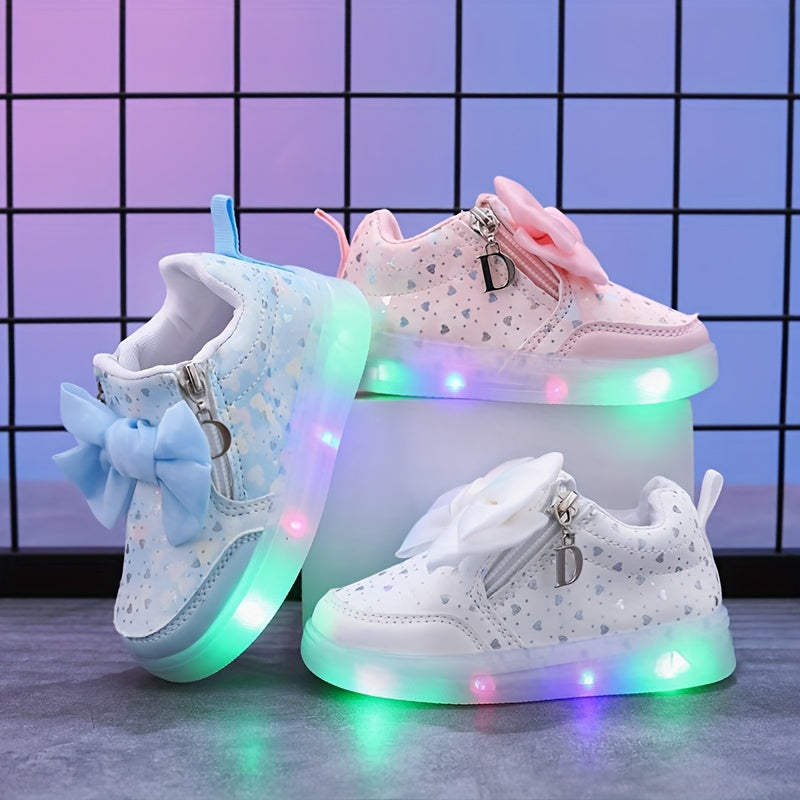 Girls' Glow-in-the-Dark Heart Pattern Sneakers with Bowknot for Ages 1-6 Pink Blue Lightweight Casual Sporty