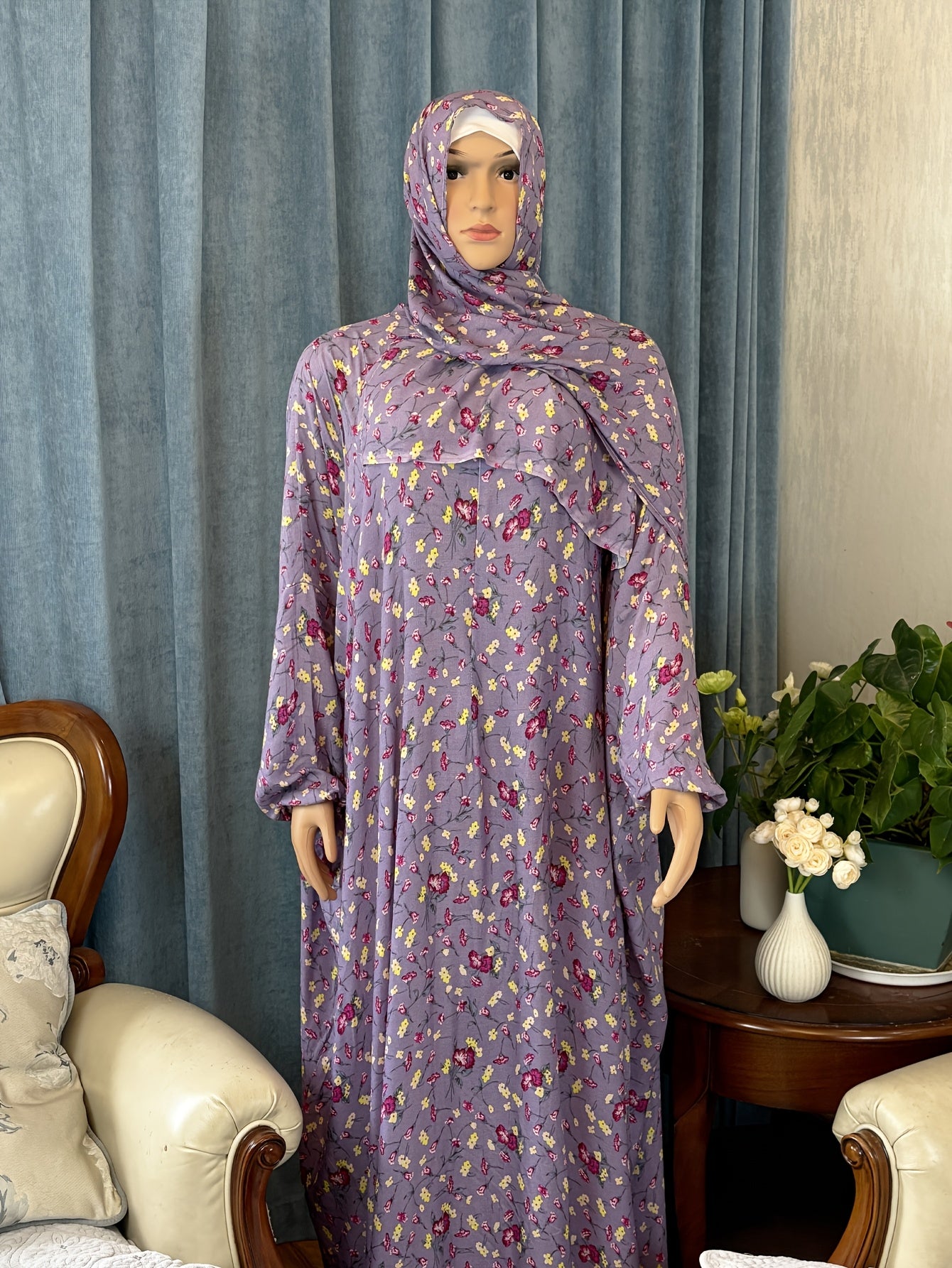 Plus Size Hooded Abaya with Lantern Sleeves Full-Length Cover Dress Ramadan Eid