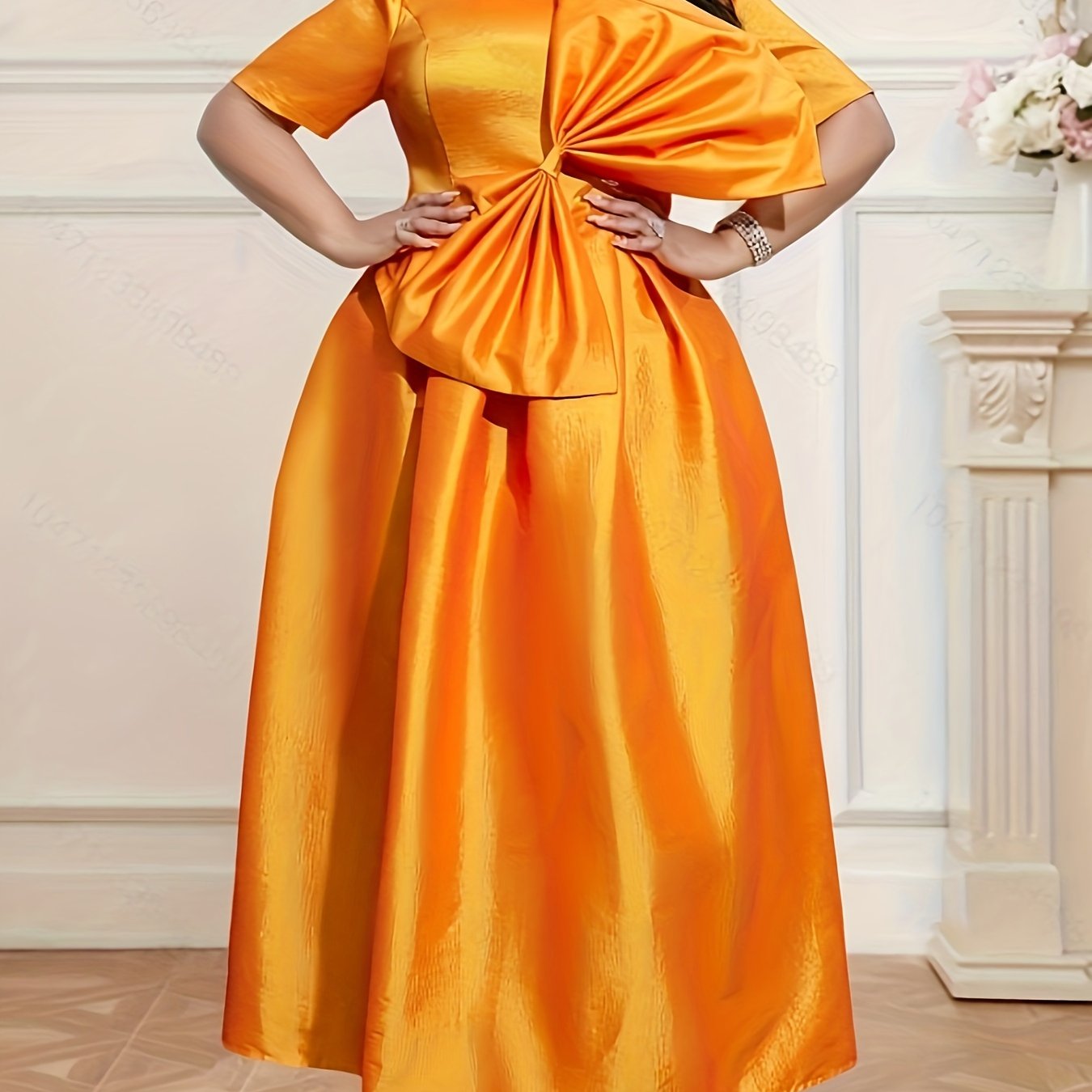 Plus Size Solid Swing High Waist Short Sleeve Dress for Party Women