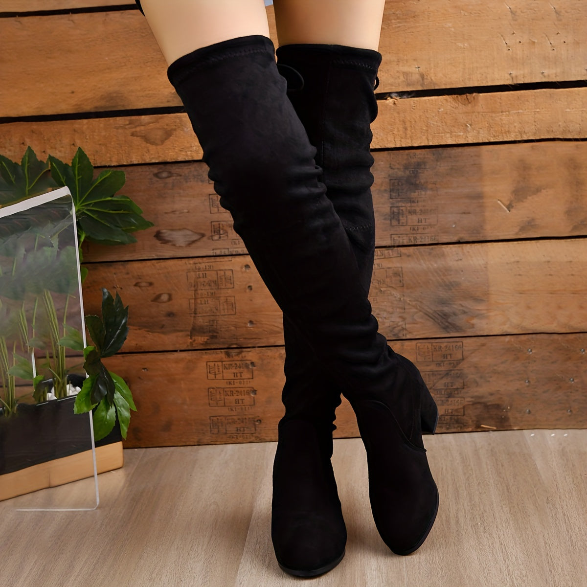 Women's Chunky Heeled Long Leather Boots with Drawstring and Stretch Fitting