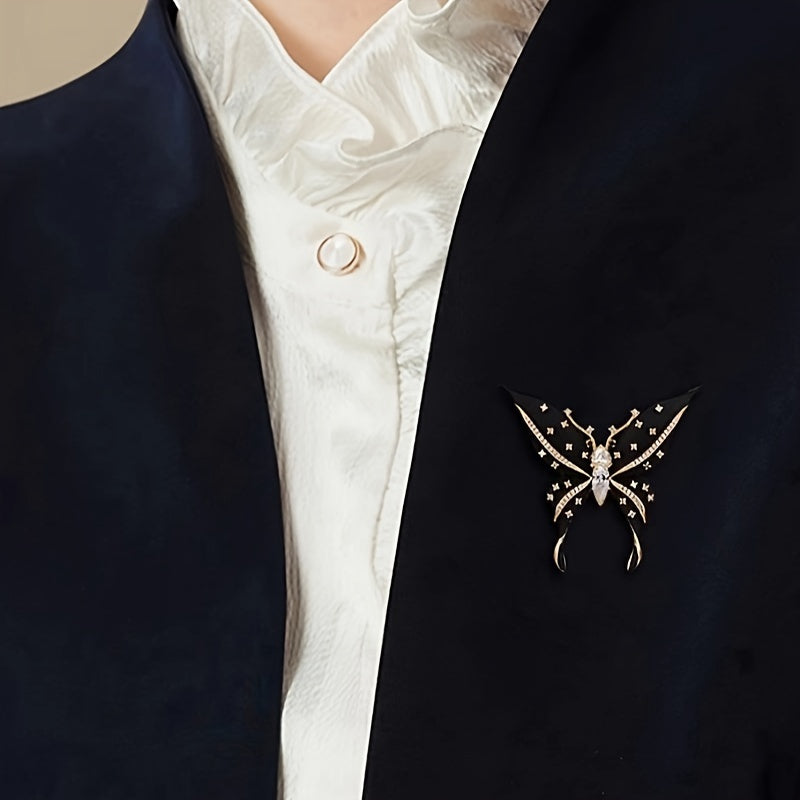 Broche mariposa negra de aleación con rhinestones, joyería elegante para suéteres y trajes