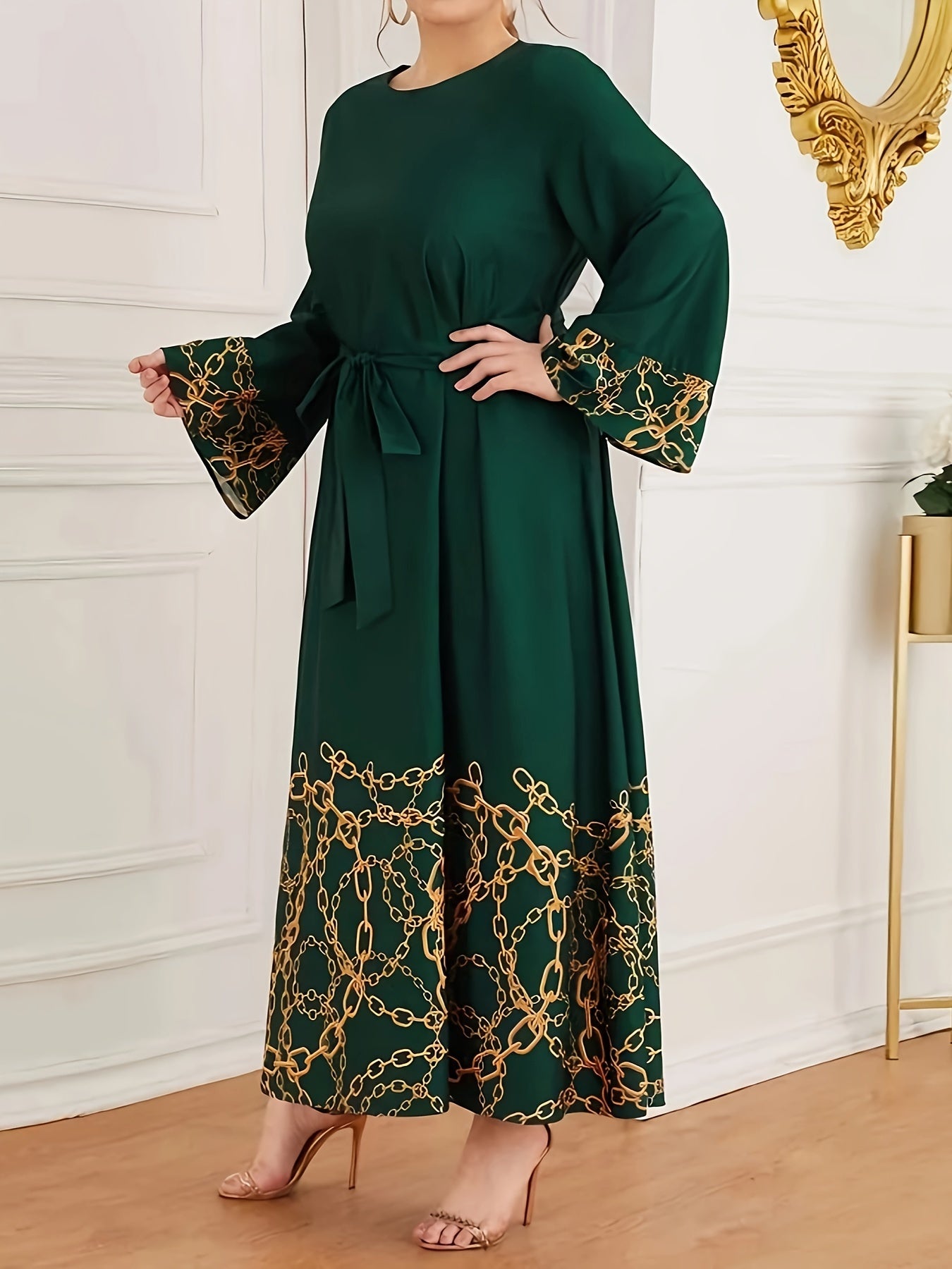 Women's A-Line Dress with Chain Print Crew Neck Long Sleeves Belt All-Season Polyester