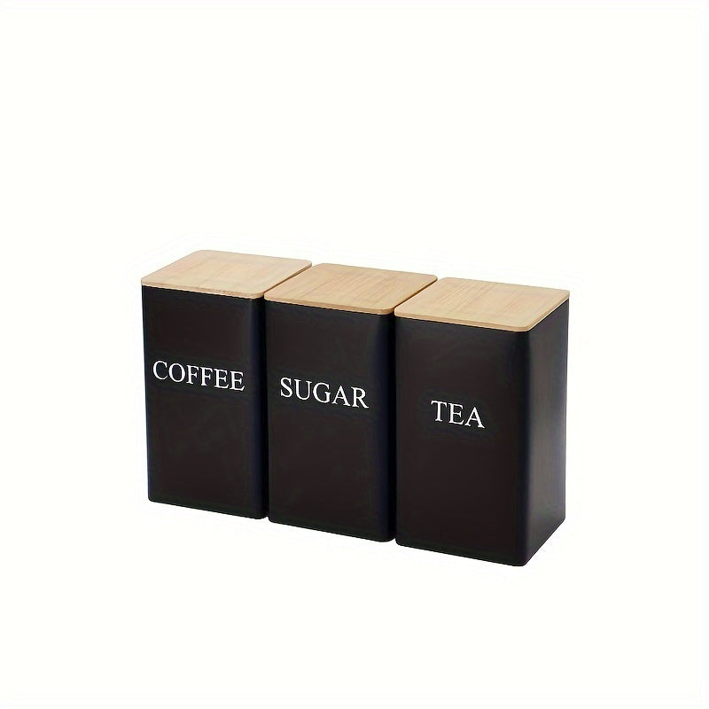 Square Metal Canisters Set of 3 with Bamboo Lids for Tea Coffee Sugar Storage