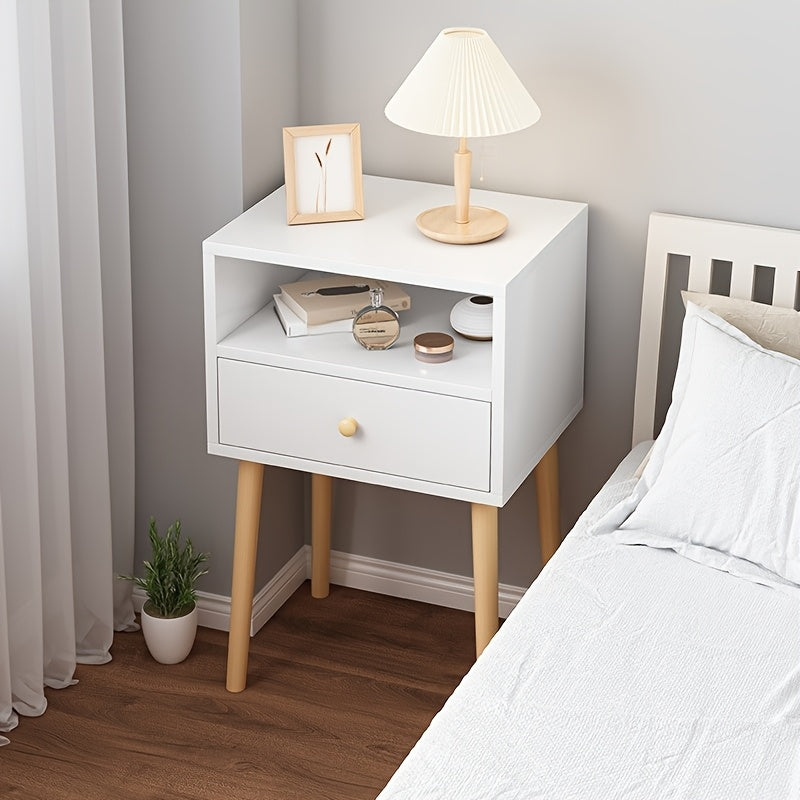 Minimalist Bedside Table with Lockable Storage Shelf and Solid Wood Legs