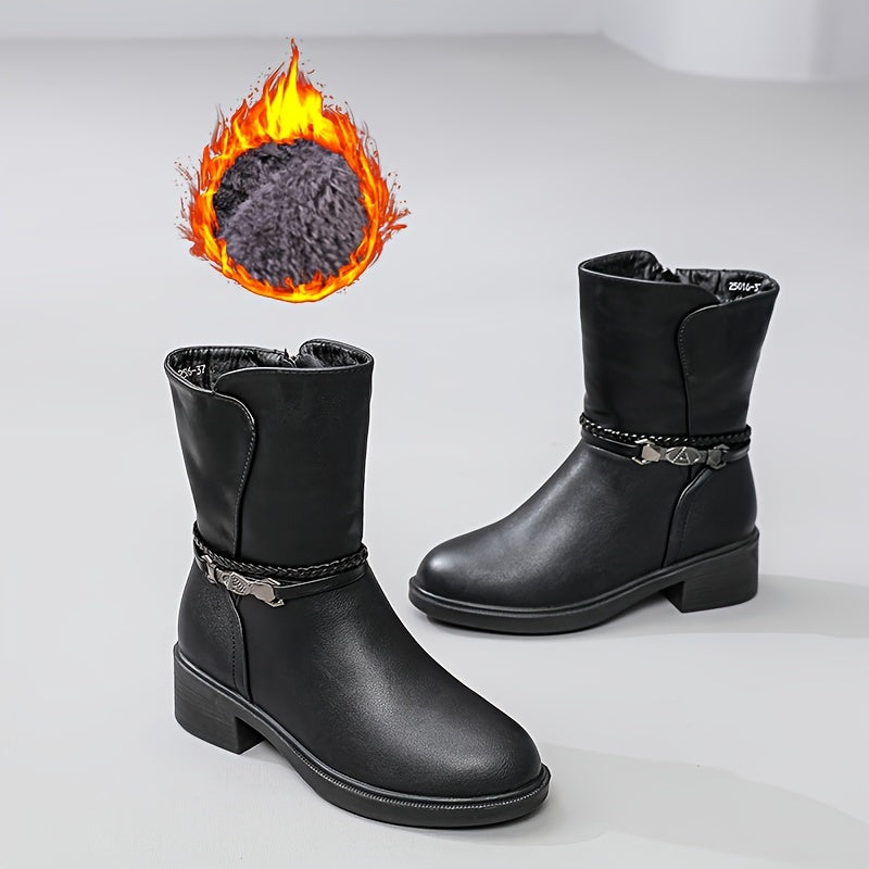 Women's Winter Boots Faux Cover Upper Slip-Resistant Mid-Heel Black