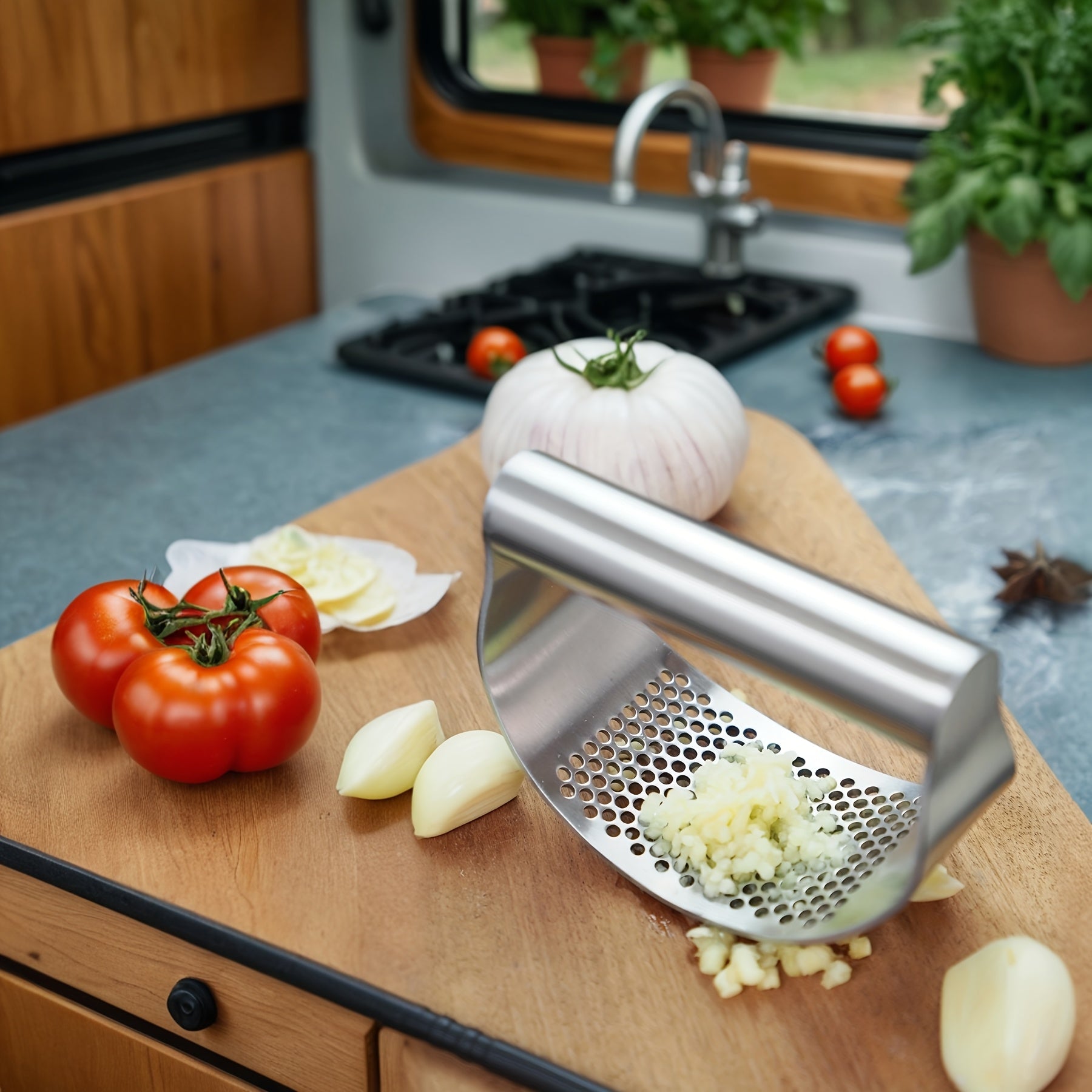 Stainless Steel Garlic Press Rocker Arm Washable Kitchen Garlic Crusher
