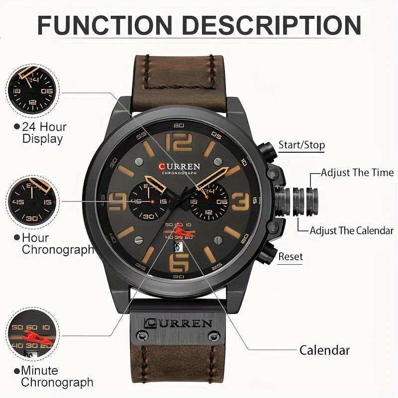 Reloj de cuarzo clásico retro para hombre con cronógrafo, calendario analógico, resistente al agua y de cuero PU