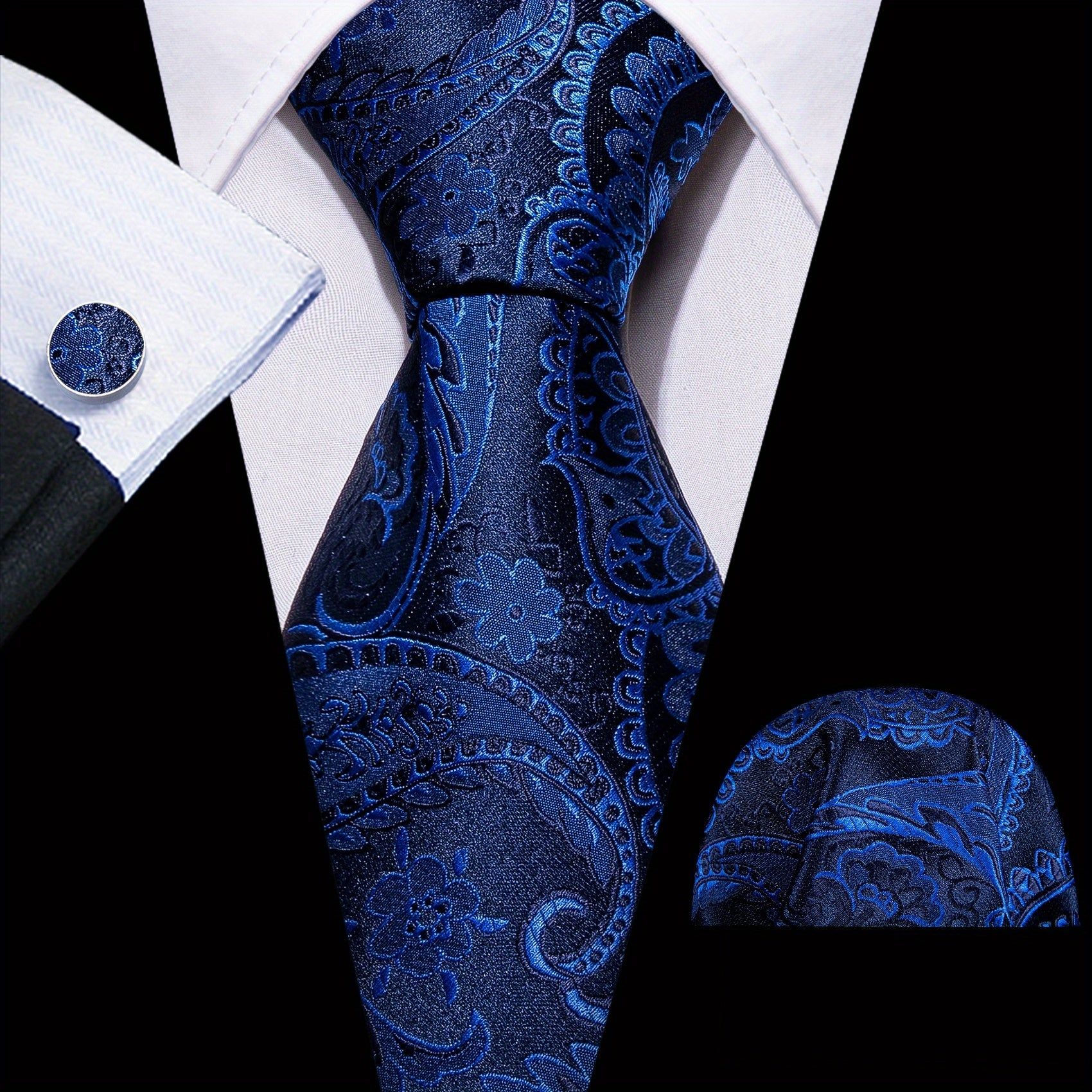 Men's Green Paisley Jacquard Tie Set with Pocket Square and Cufflinks for Weddings and Parties