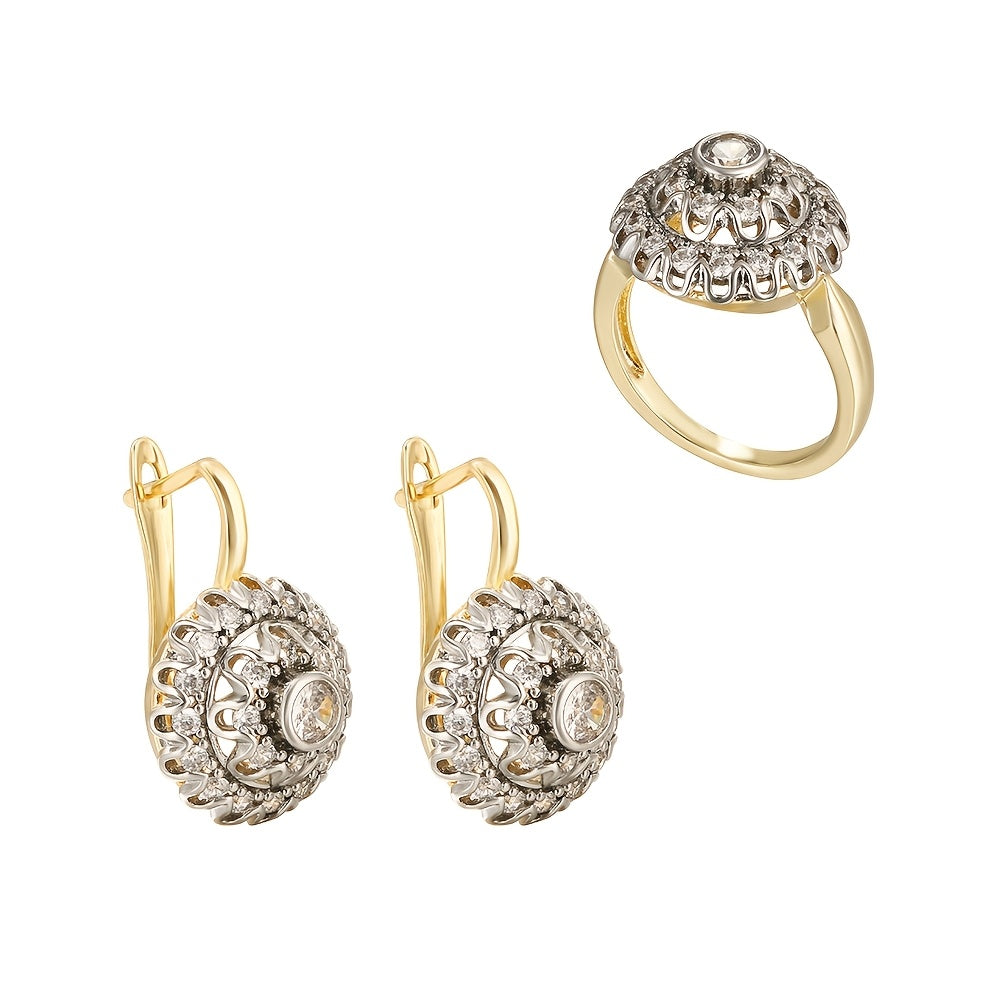 14K Gold Plated Copper Jewelry Set with Hollow Cone Design and Synthetic Zirconia for Women