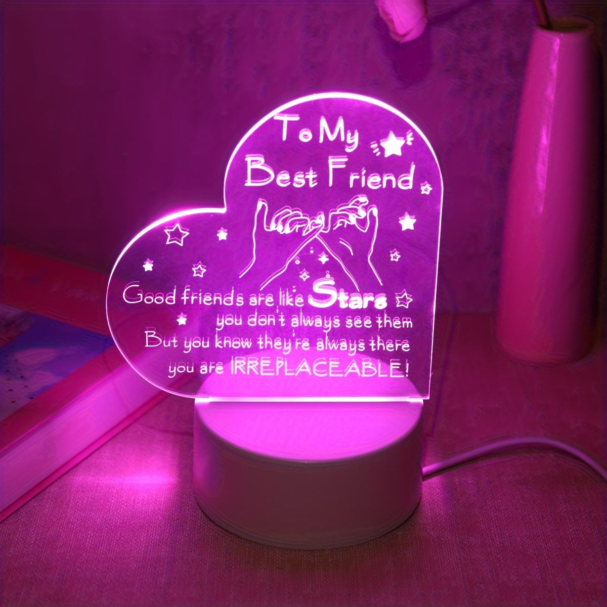 Pink 3D LED Night Light with Inspirational Message USB Powered for Bedroom Decor