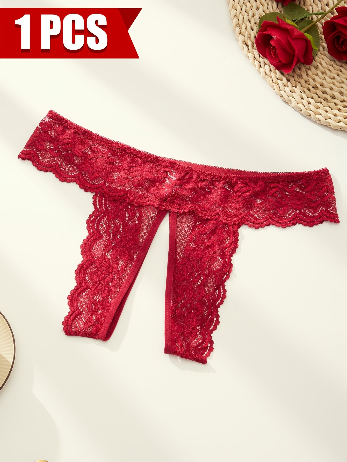 Plus Size Women's Red Lace Thong Panties Open Crotch High Stretch Comfortable