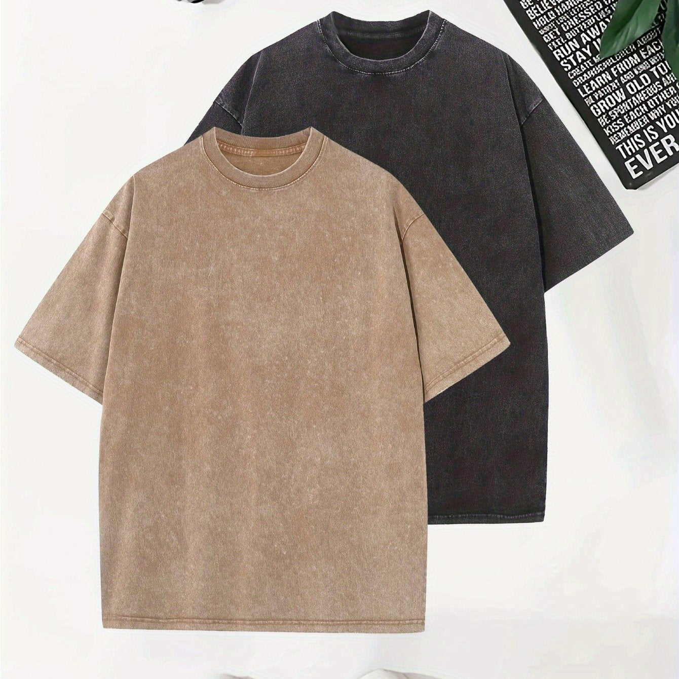 Men's Vintage Washed Cotton T-Shirts Pack Short Sleeve Crew Neck Drop Shoulder Casual