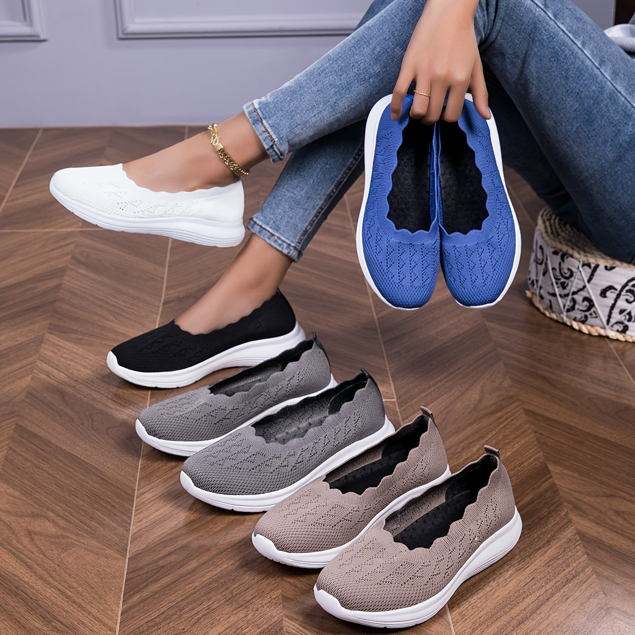 Women Breathable Knit Slip-On Casual Shoes Black White Comfortable Style
