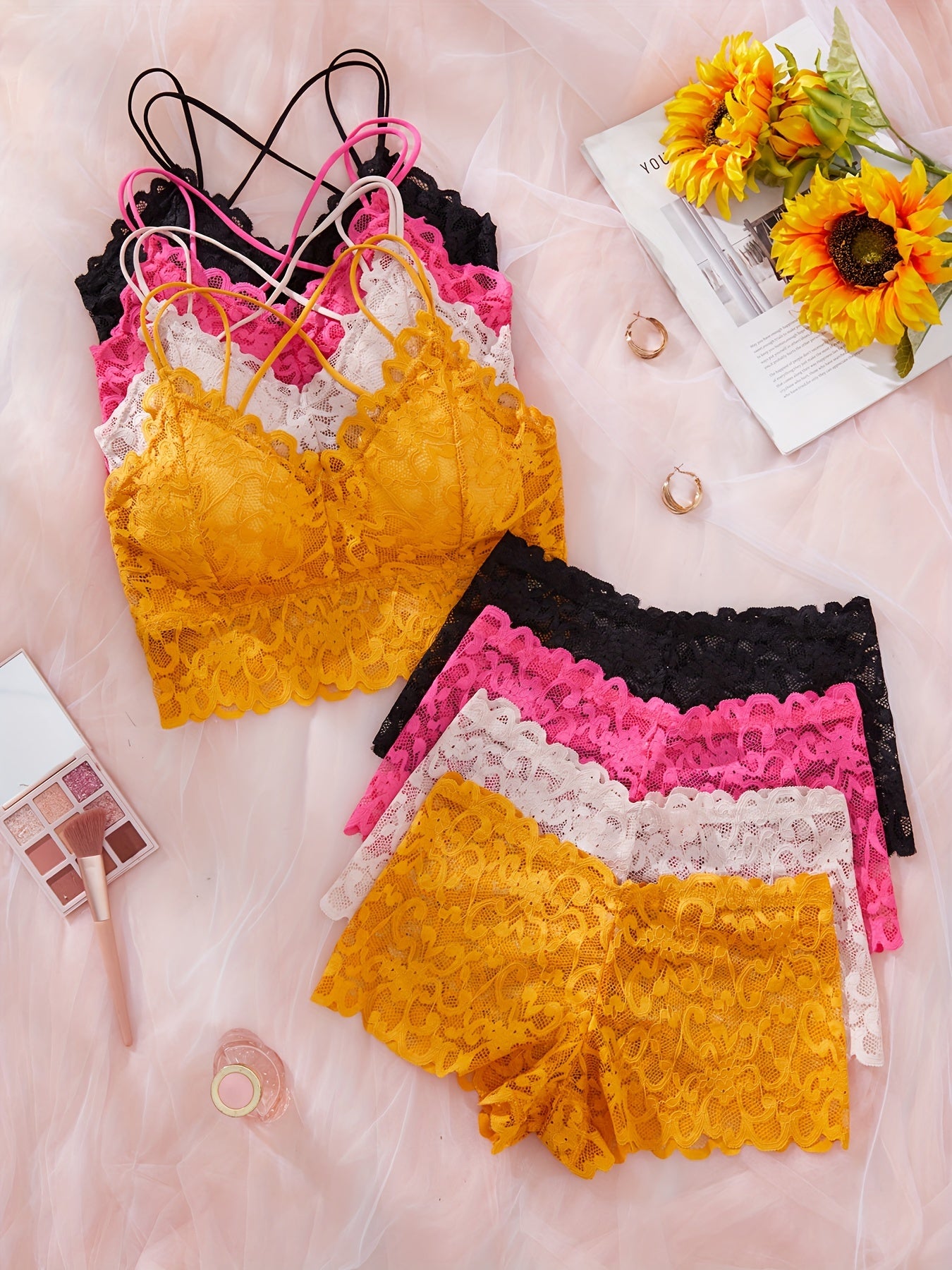 Women’s Lace Lingerie Set 4-Pack Padded Bralette and Boyshorts Solid Color