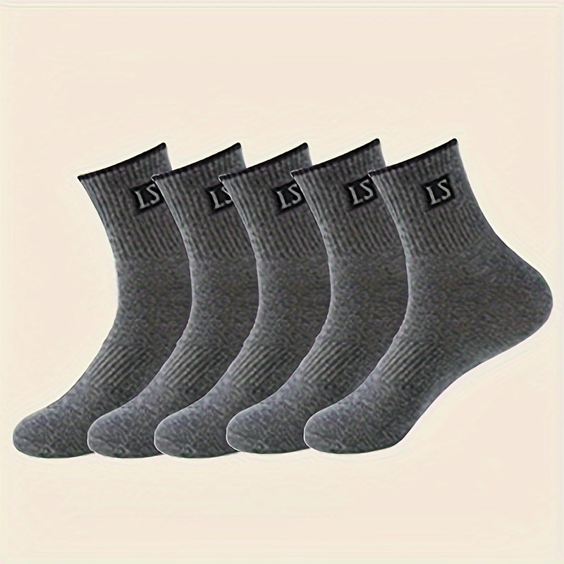 Men's Solid Crew Socks 5 Pairs Breathable Knit Polyester for Outdoor Wear