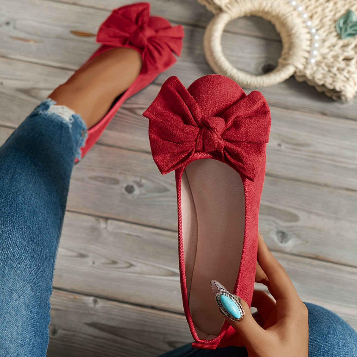 Women's Flannel Bow-Knot Flats Comfortable Slip-On Round Toe Shoes