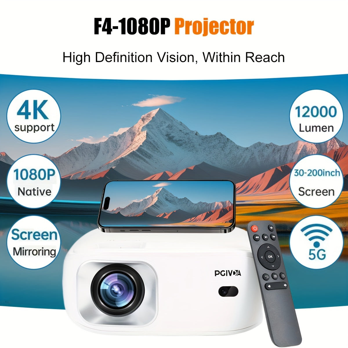 1080P HD Portable Projector with 4K Support and 3000 Lumens for Home and Outdoor Movies