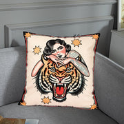 Square Cushion Cover Modern Tiger and Figure Design Soft Polyester Knit 45.72x45.72 cm