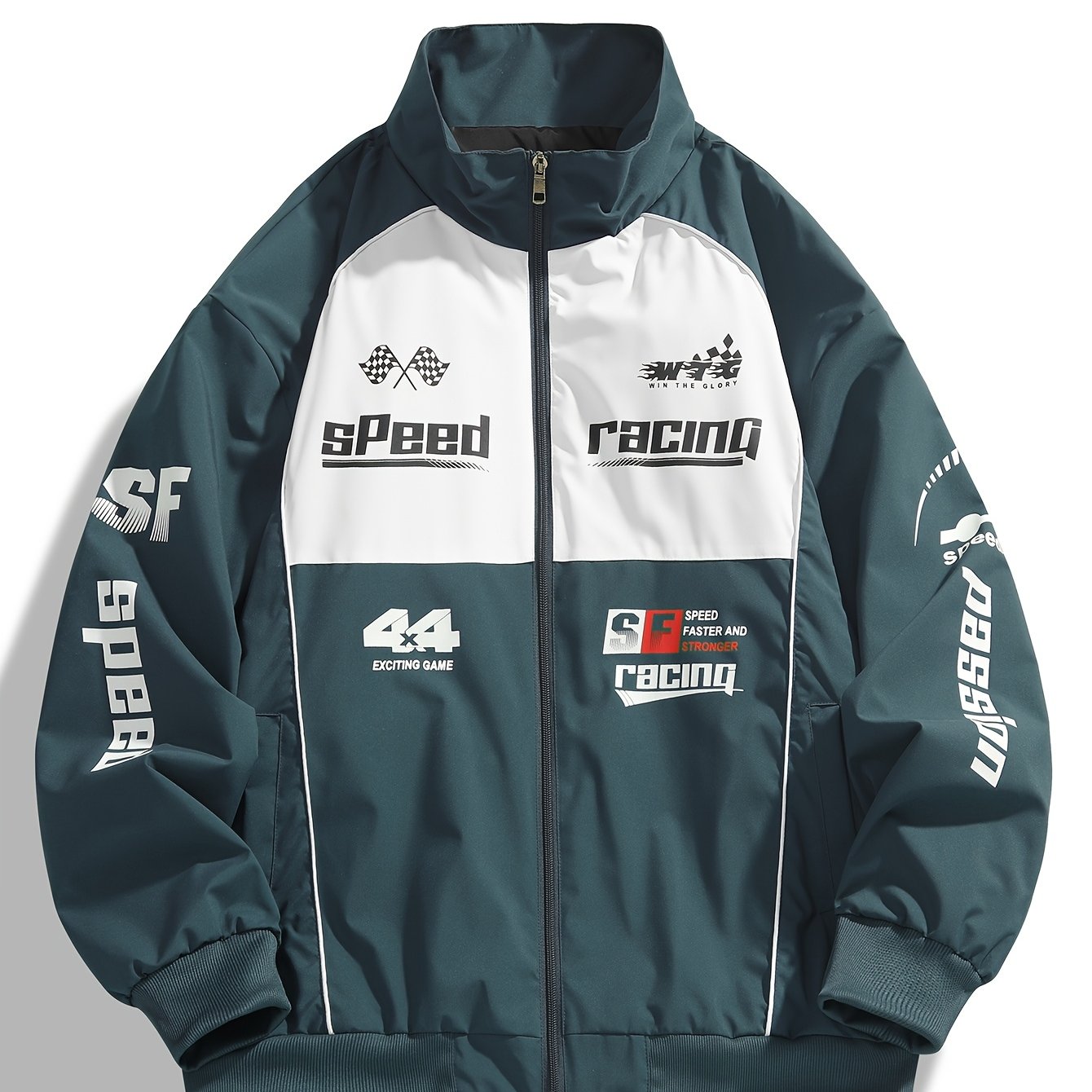 Men's Polyester Bomber Jacket with Zipper Stand Collar Long Sleeves Letter Print Casual