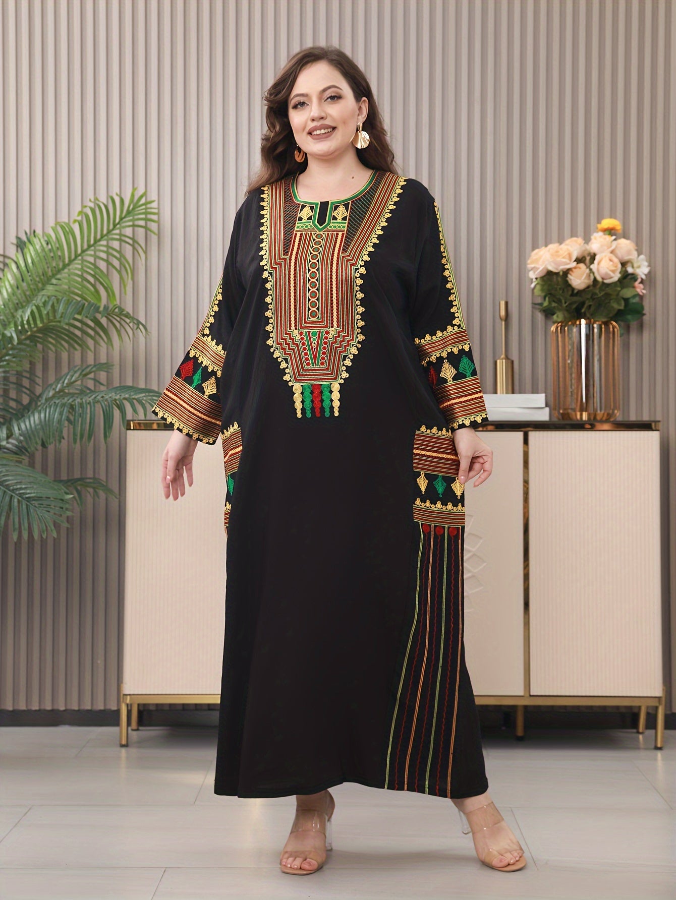 Plus Size Middle Eastern Rayon Kaftan with Embroidery for Summer Mature Women