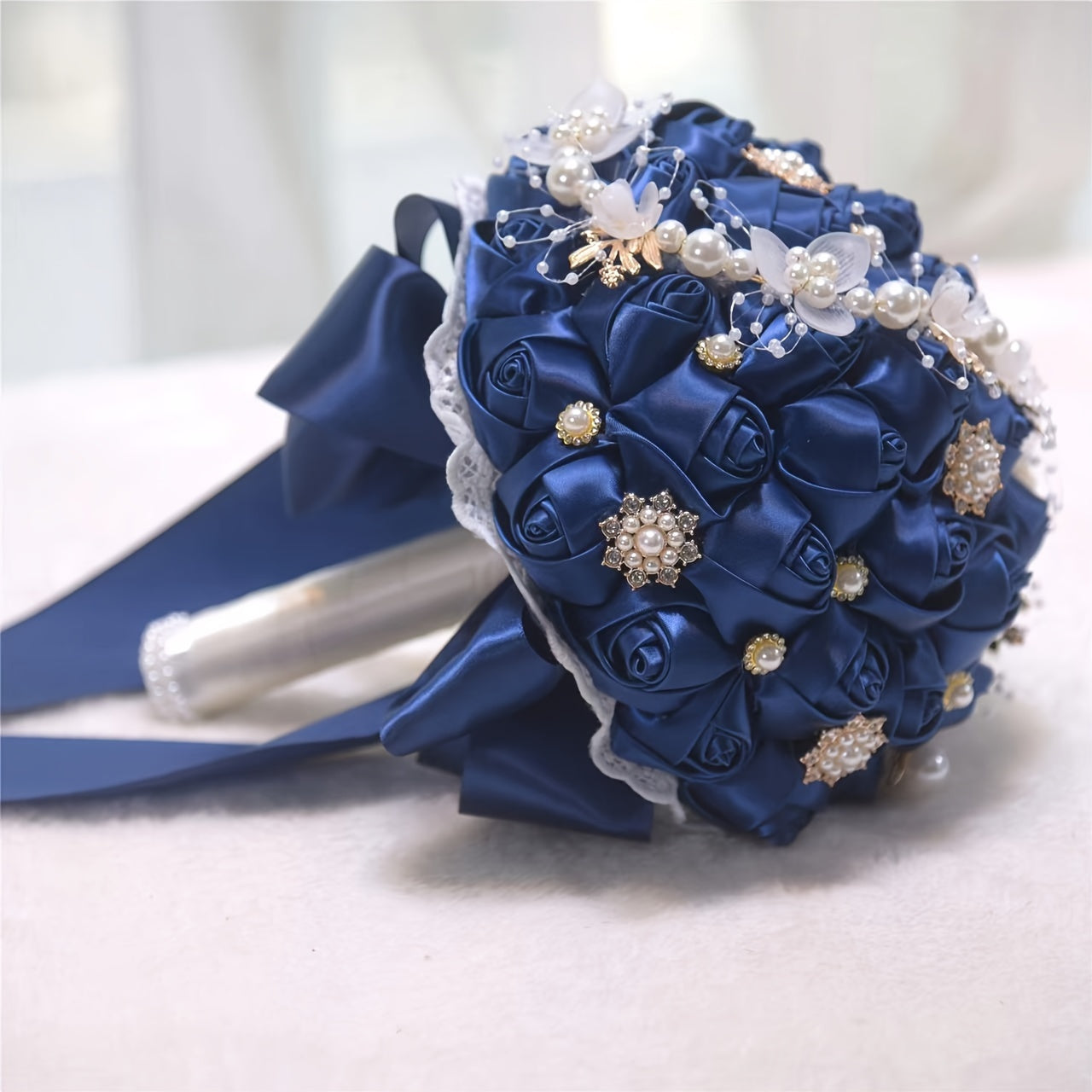 Satin Rose Wedding Bouquet Handcrafted Bridal Wrist Corsage Blue White for Bridesmaids and Events
