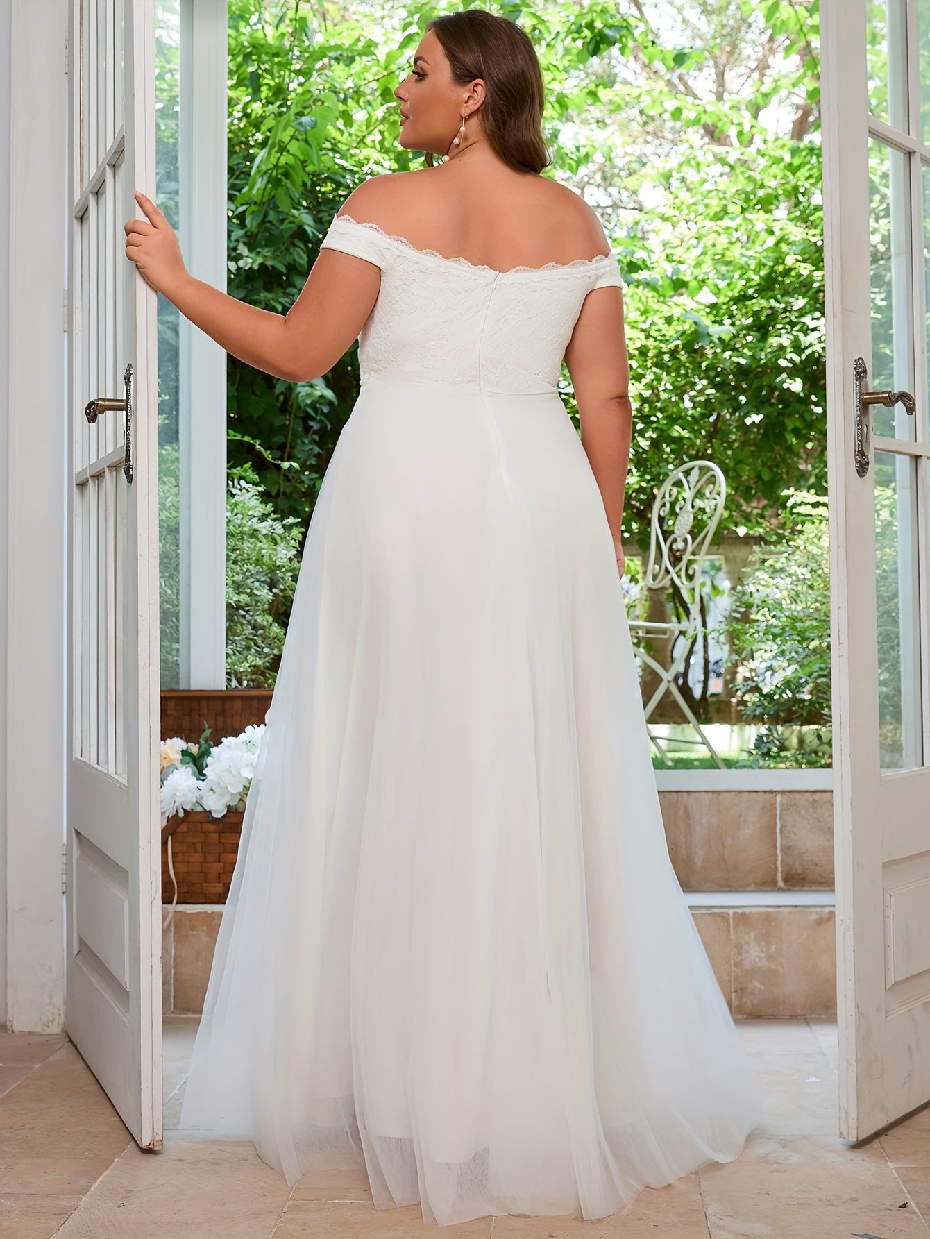 Vestido de novia de encaje para mujer de tallas grandes, sin hombros, sin mangas, con falda de tul