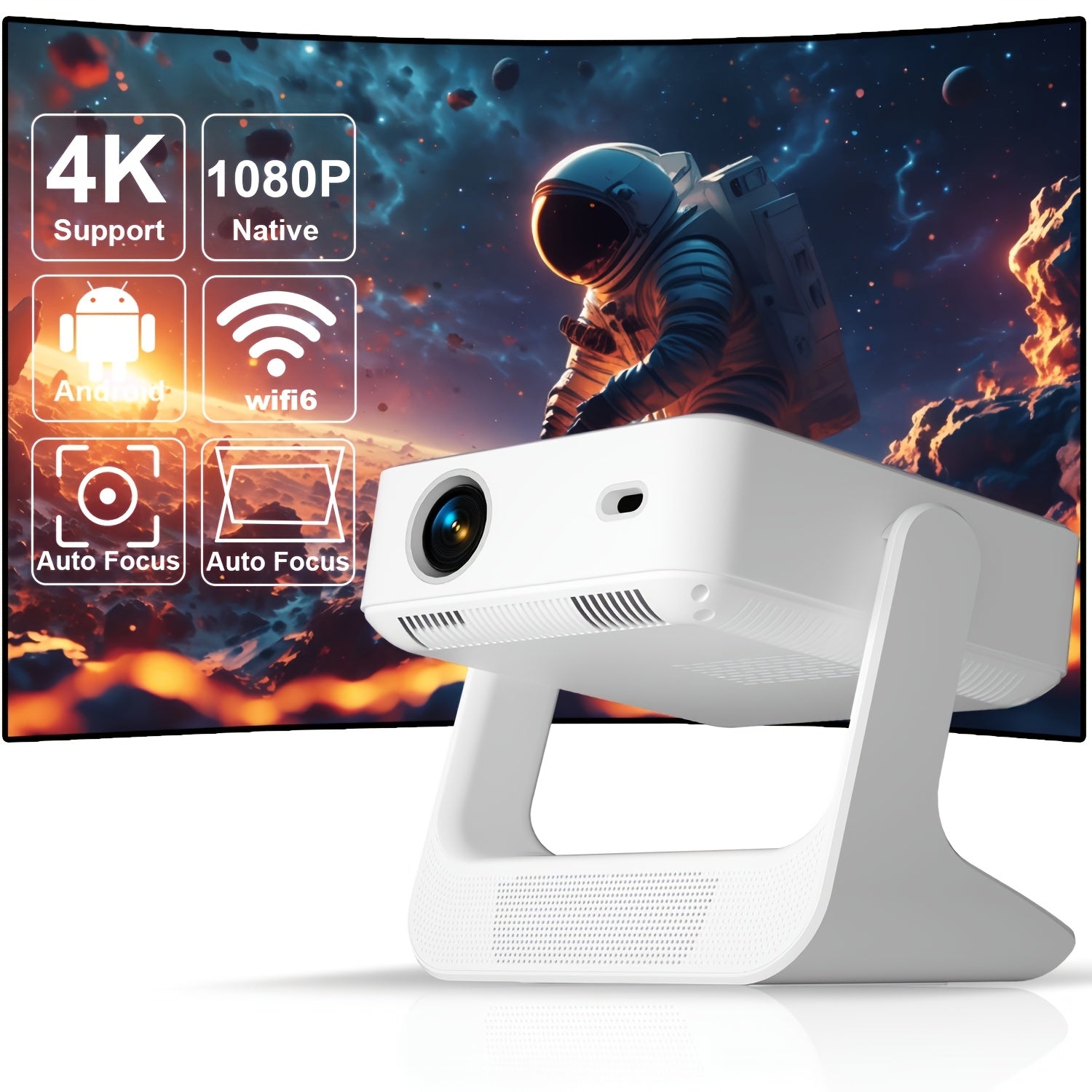 Портативный 4K HD умный проектор с WiFi6 и автоматической коррекцией трапеции