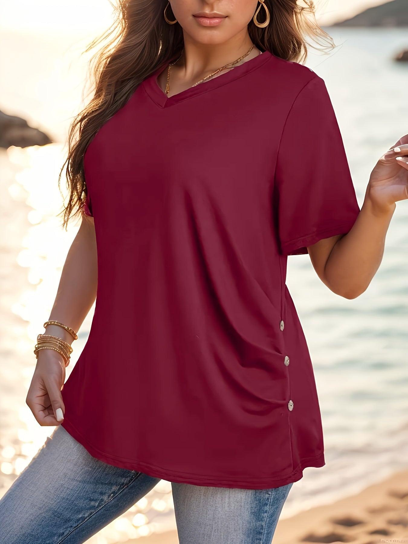 Camiseta casual de manga corta y escote en V para mujer de tallas grandes en verde