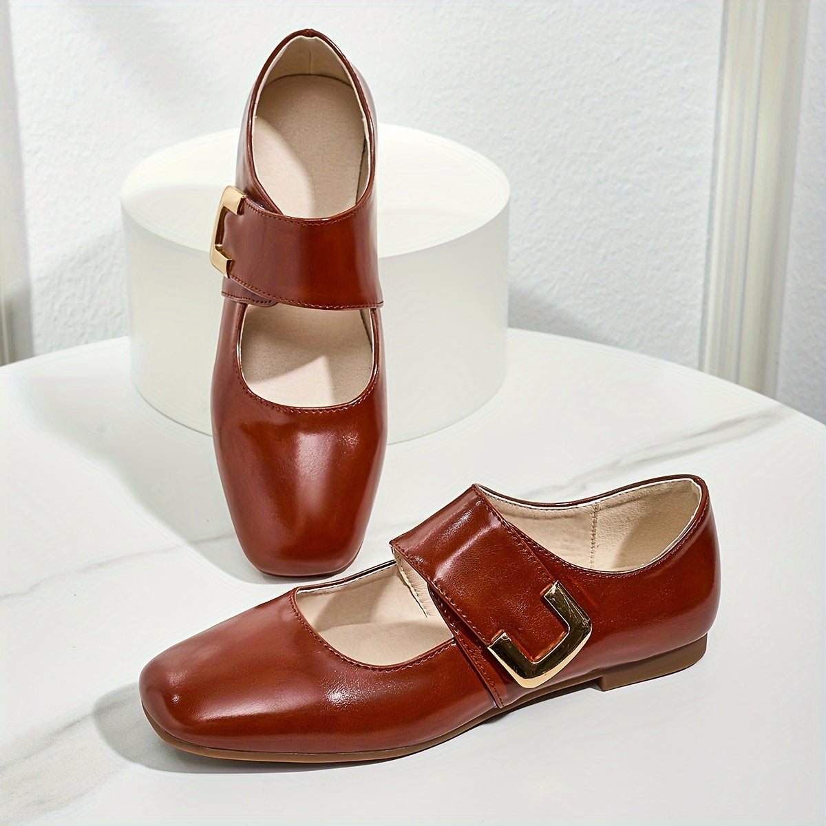 Women's Mary Jane Flats Faux Leather Square Toe College Style All-Season Non-Slip