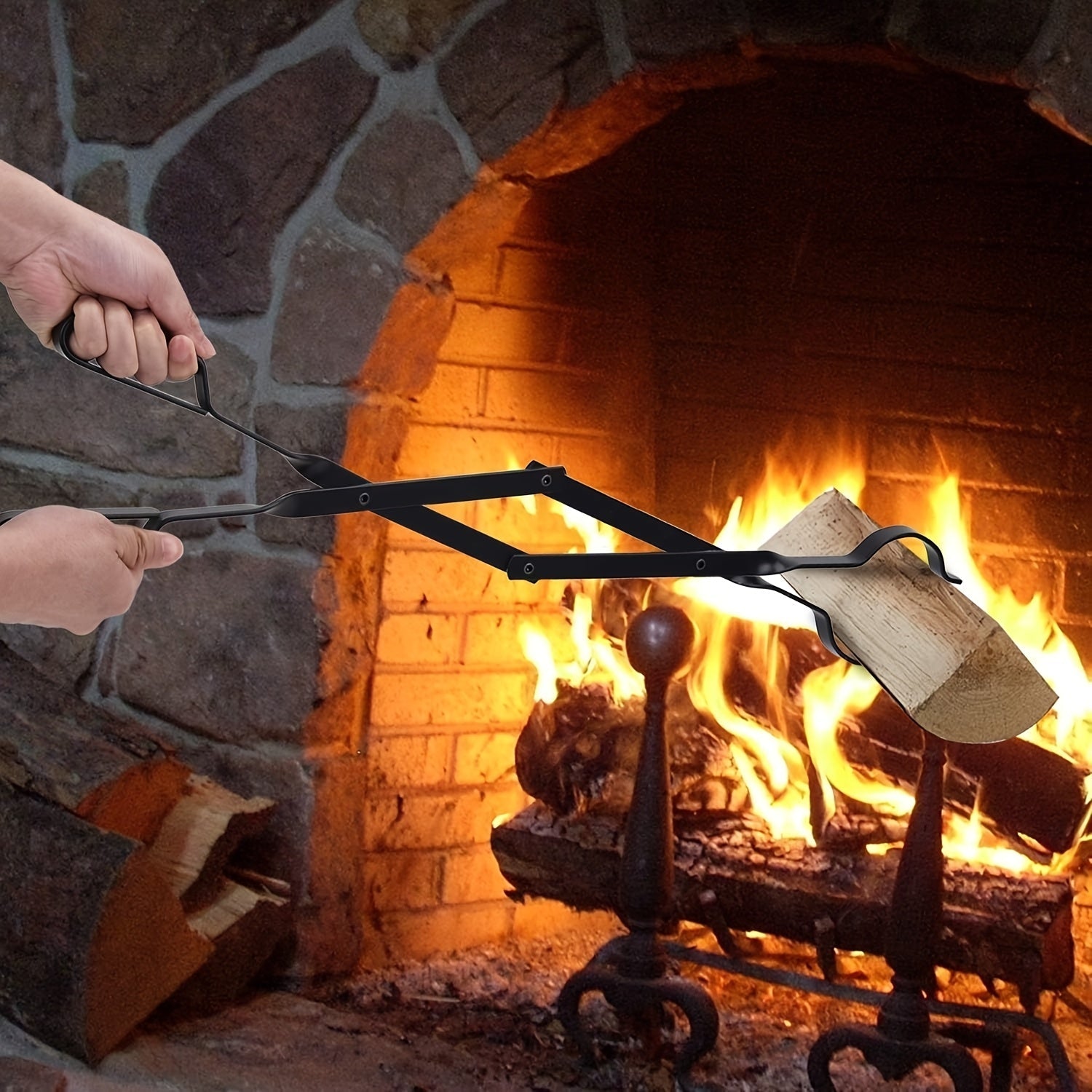 Durable Forged Iron Fire Tongs Log Grabber for Fireplace and Camping