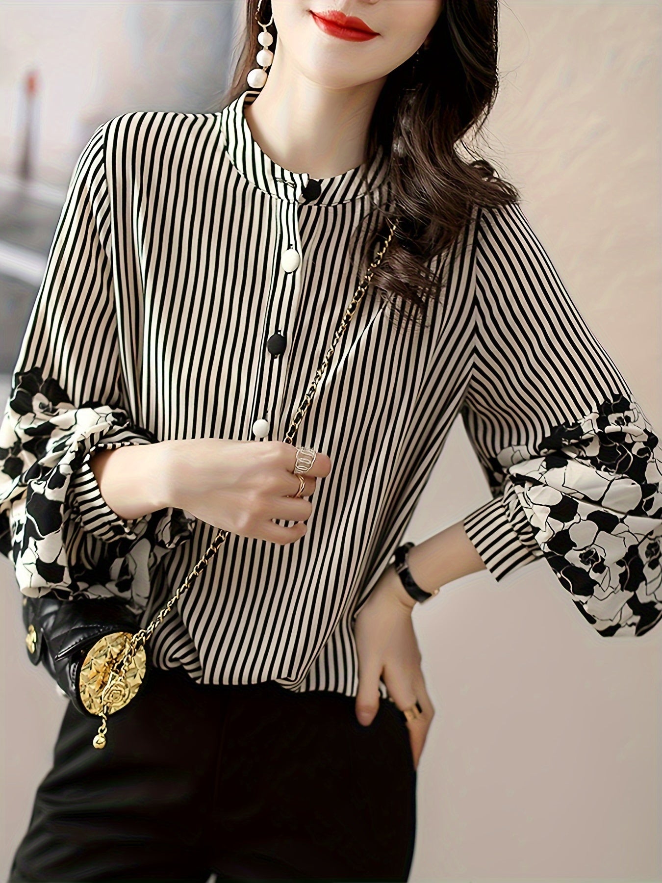 Women's Floral Striped Long Sleeve Blouse with Lantern Sleeves Polyester All-Season