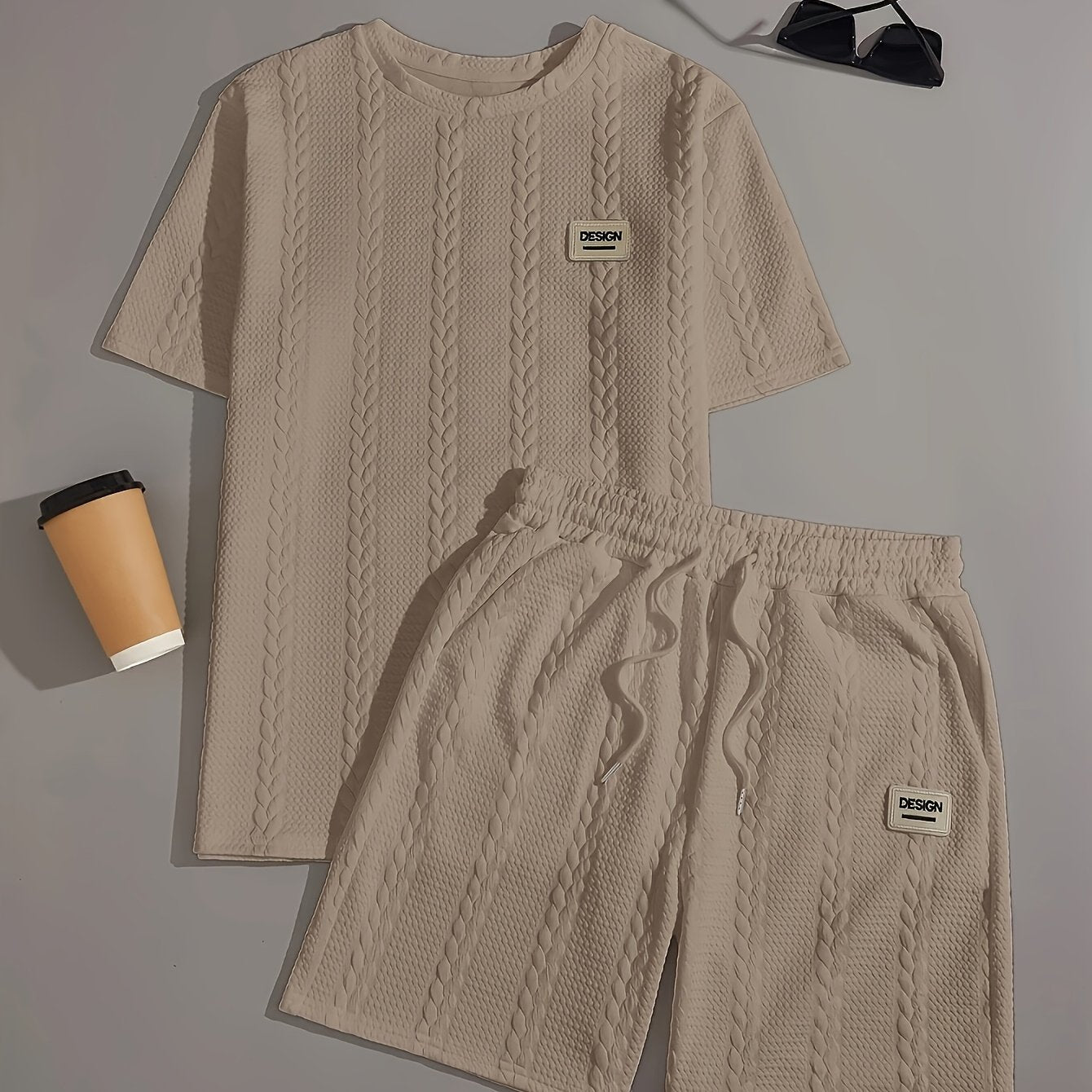 Men's Knitted Casual Two-Piece Pajama Set Short Sleeve Geometric Polyester