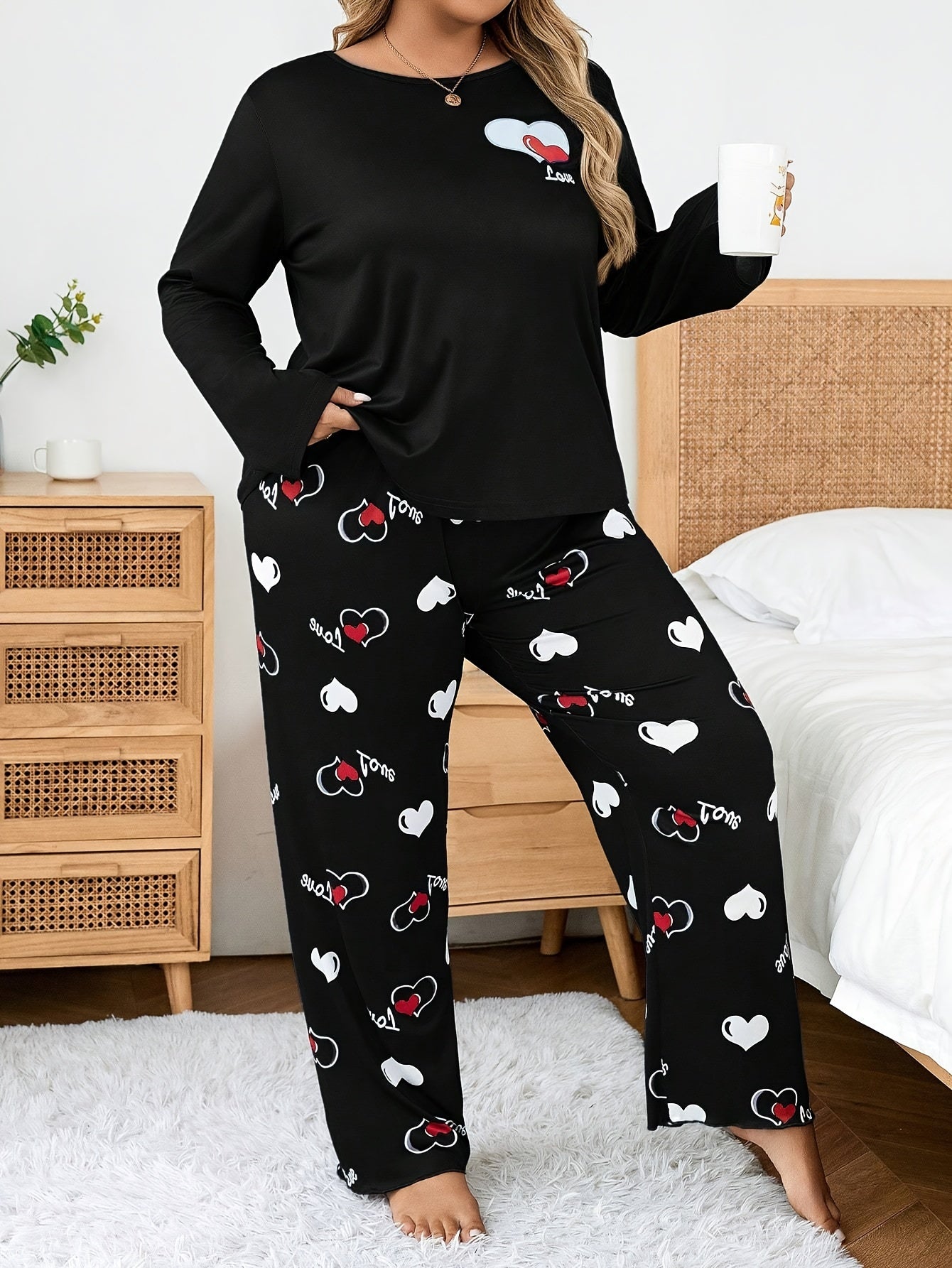 Women's Pajama Set Long Sleeve Heart Print Knit Polyester All-Season Sleepwear