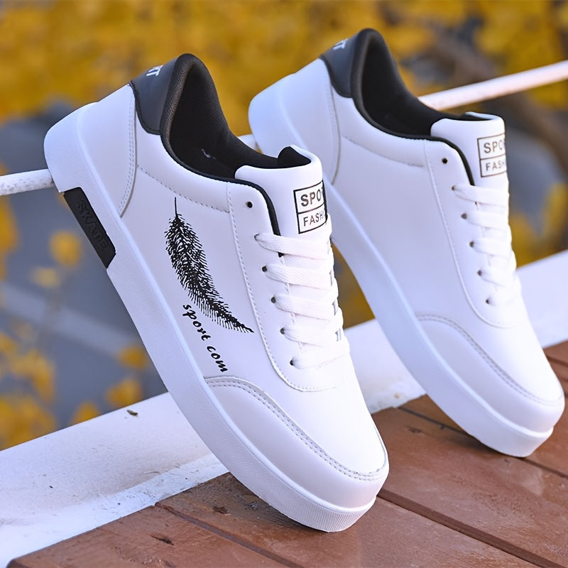 Men's White Sneakers Feather Design Non-slip Lace-up Casual Walking Jogging Travel