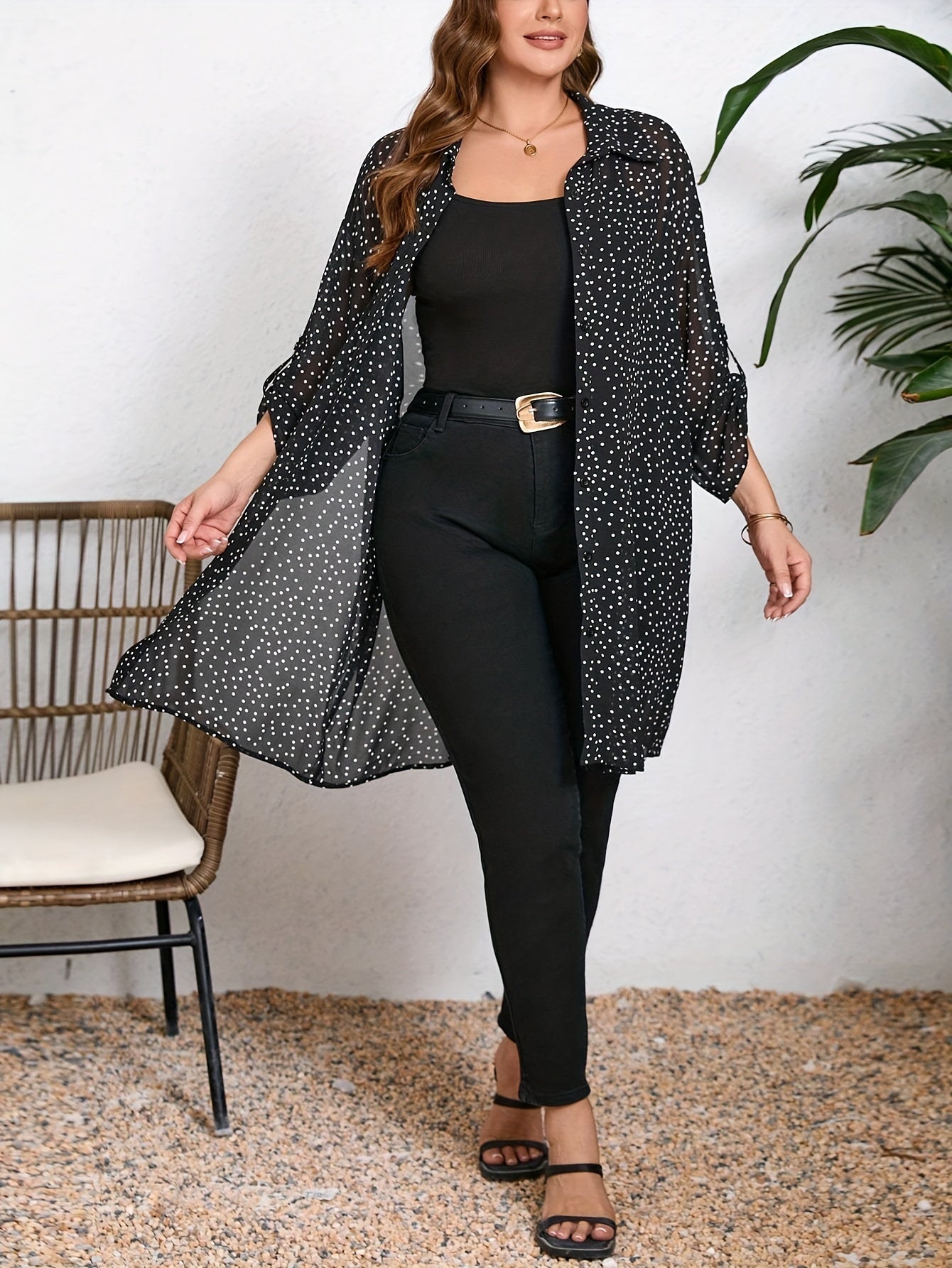 Plus Size Polka Dot Blouse Long Sleeve Cuffed Shirt for Women