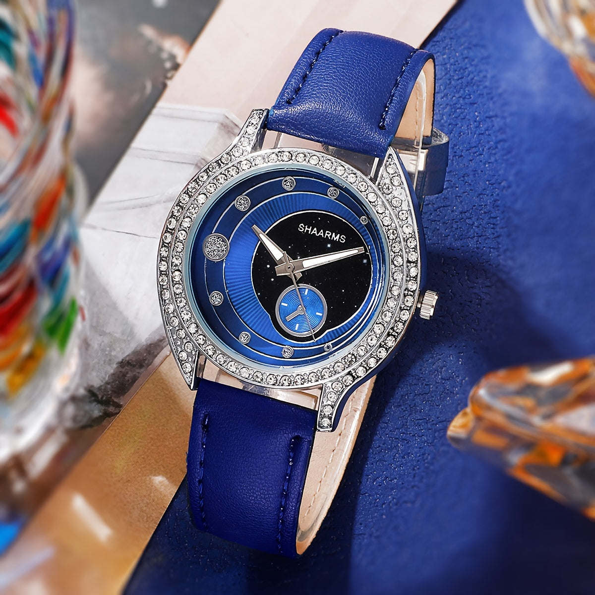 Набор из 6 женских элегантных кварцевых часов и украшений с синими ремешками и кристальными вставками