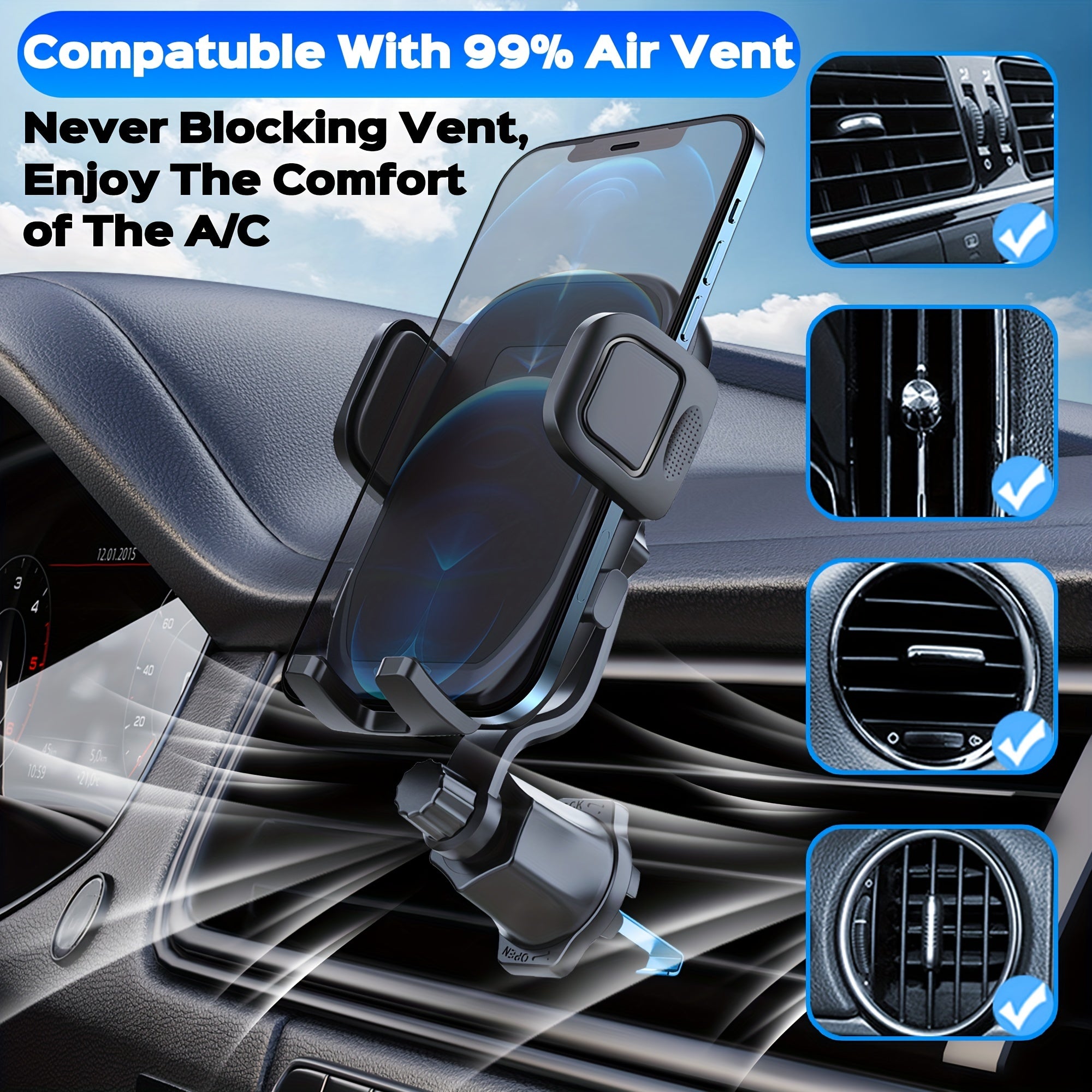 Soporte universal para teléfono de coche con brazo oscilante para compatibilidad con rejillas de ventilación