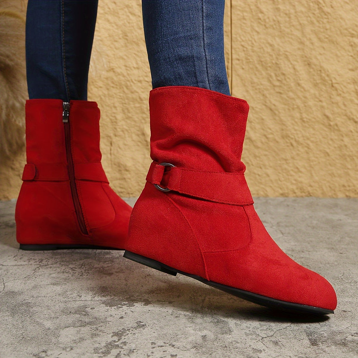 Women's Ankle Boots Solid Color Round Toe Buckle Side Zipper Outdoor Shoes