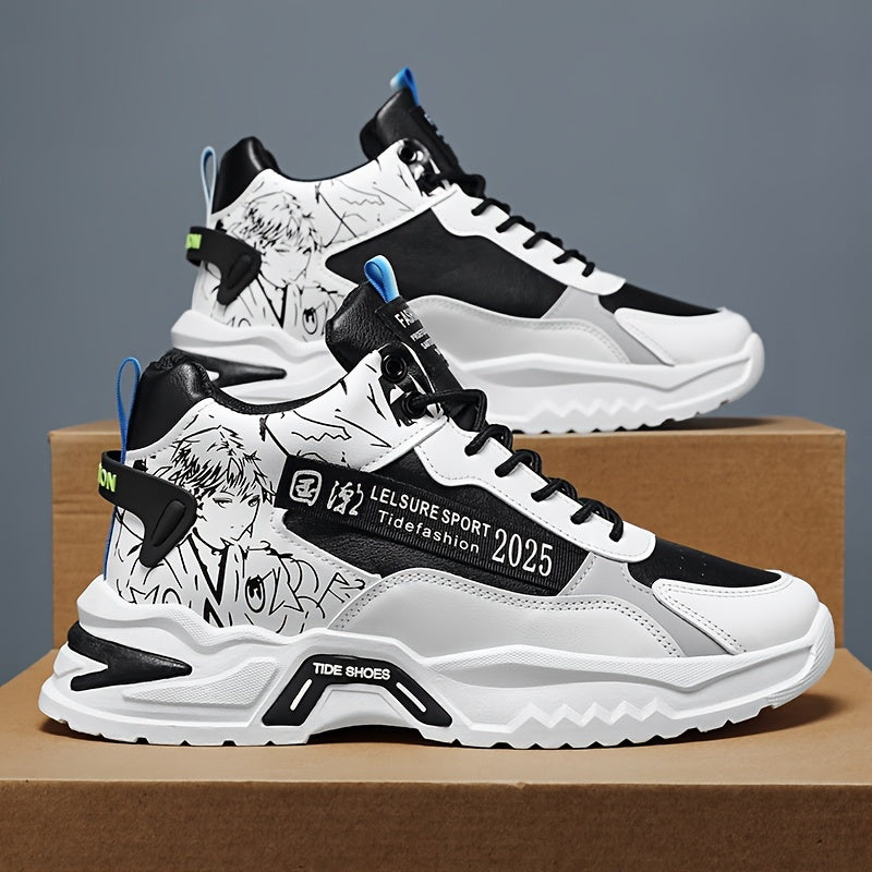 Men's Anime Pattern Lace-Up Non-Slip Platform Sneakers for Outdoor Activities