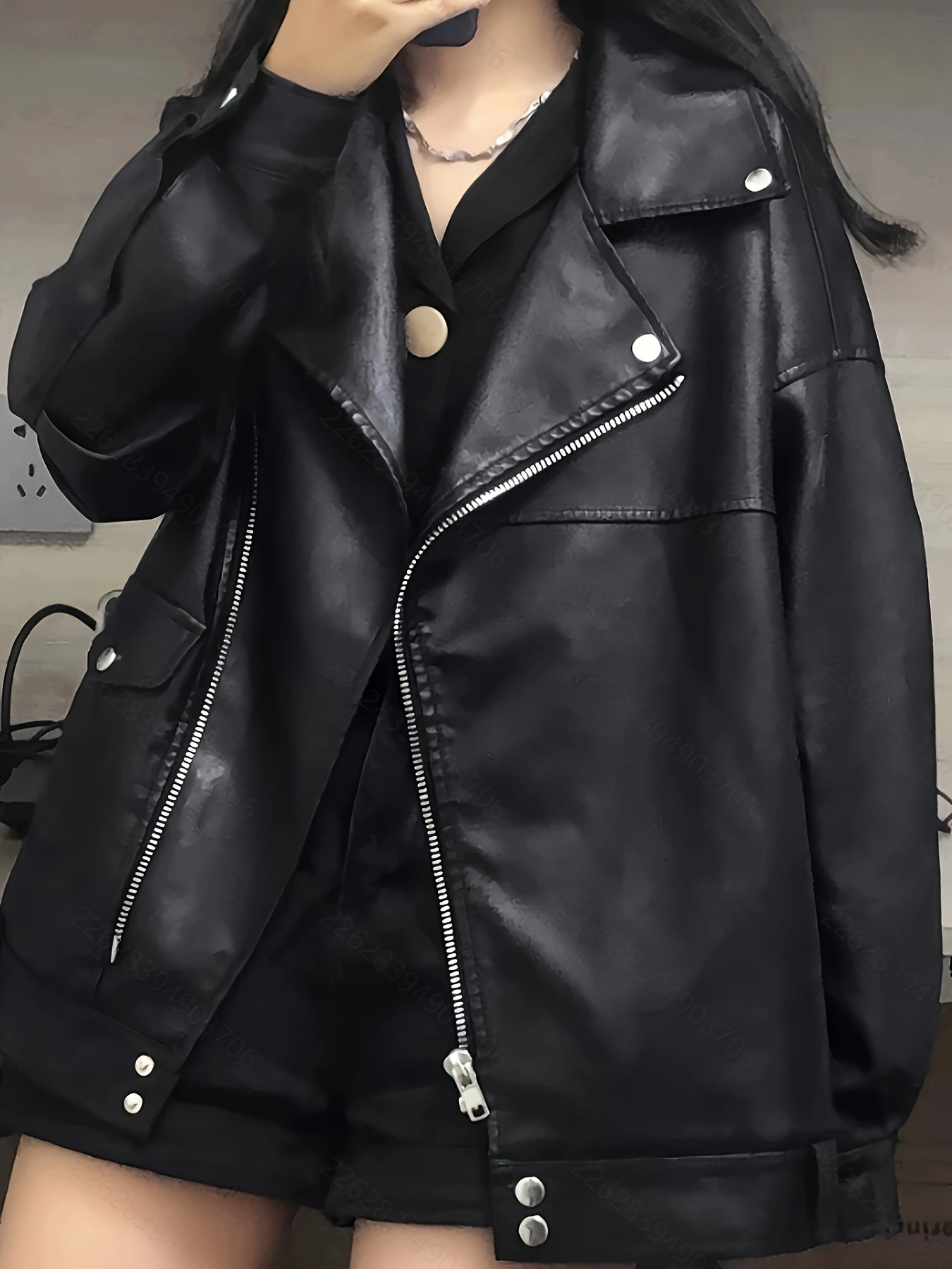 Women's Fleece-Lined Motorcycle Jacket Black Casual Loose Fit Waterproof Polyester