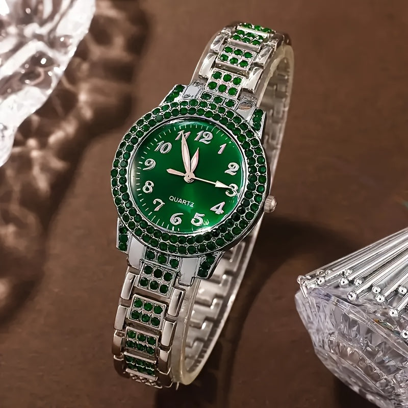 Women's Accessory Set with Quartz Watch, Green Crystals, Jewelry, Teardrop Design