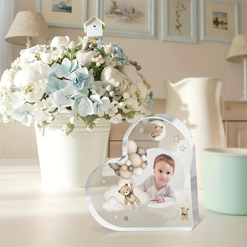 Personalized Heart-Shaped Acrylic Photo Plaque with Teddy Bear for First Year Memories