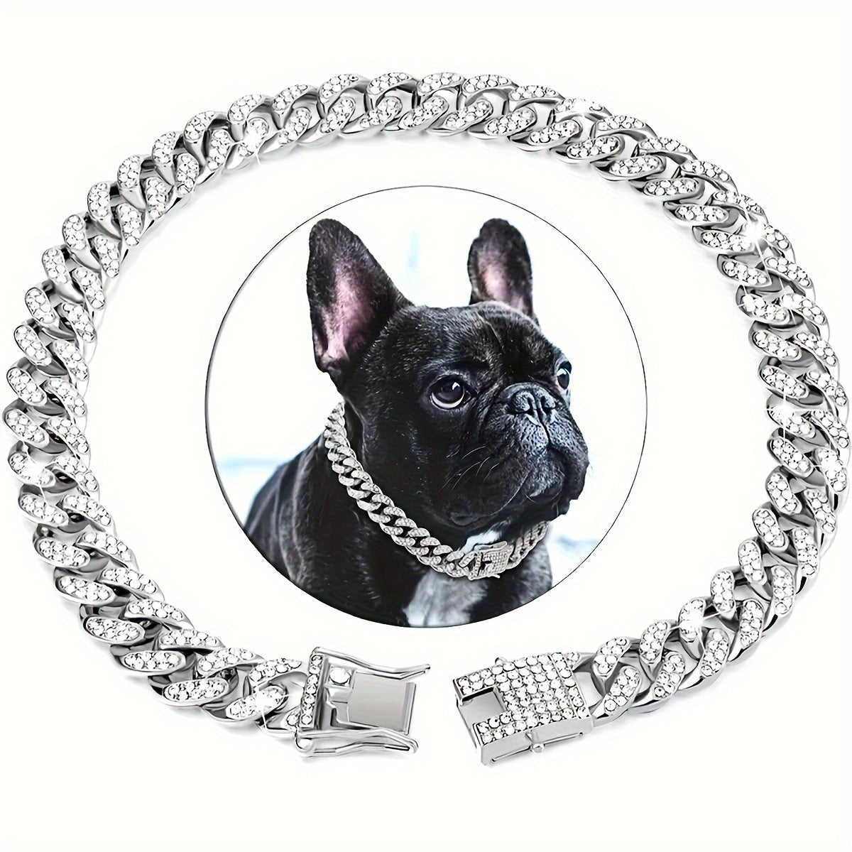 Dog Collar with Rhinestones Cuban Link Stainless Steel 13mm Wide Adjustable