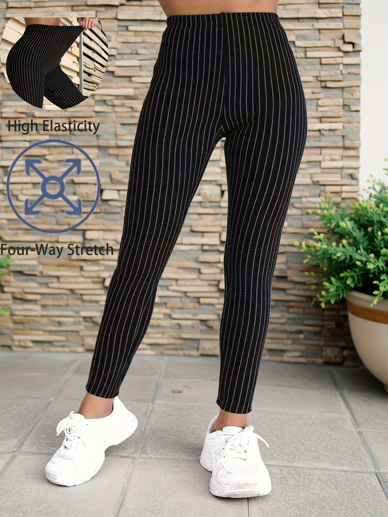 Women's Plus Size High-Waisted Striped Yoga Leggings Stretchy Knit Black Blue