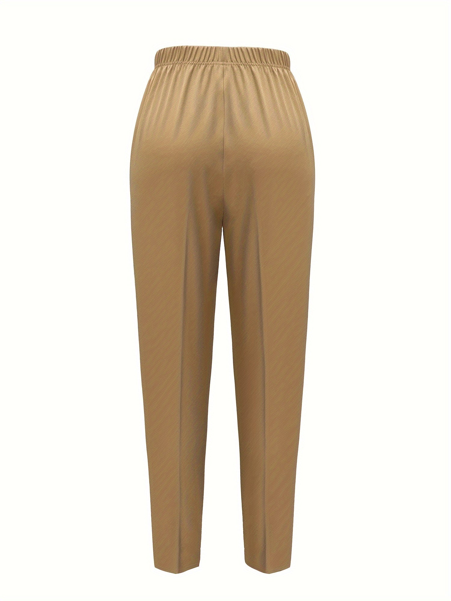 Women's Plaid Print Woven Trousers with Elastic Waist and Button Decor for Work