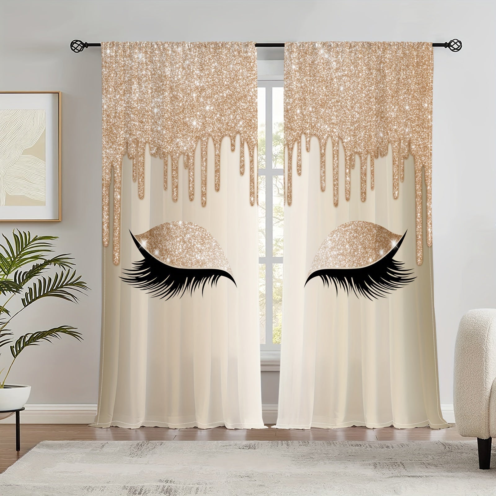 Set of Two Eyelash Printed Curtains, Rod Pocket Window Treatments for Bedroom and Living Room