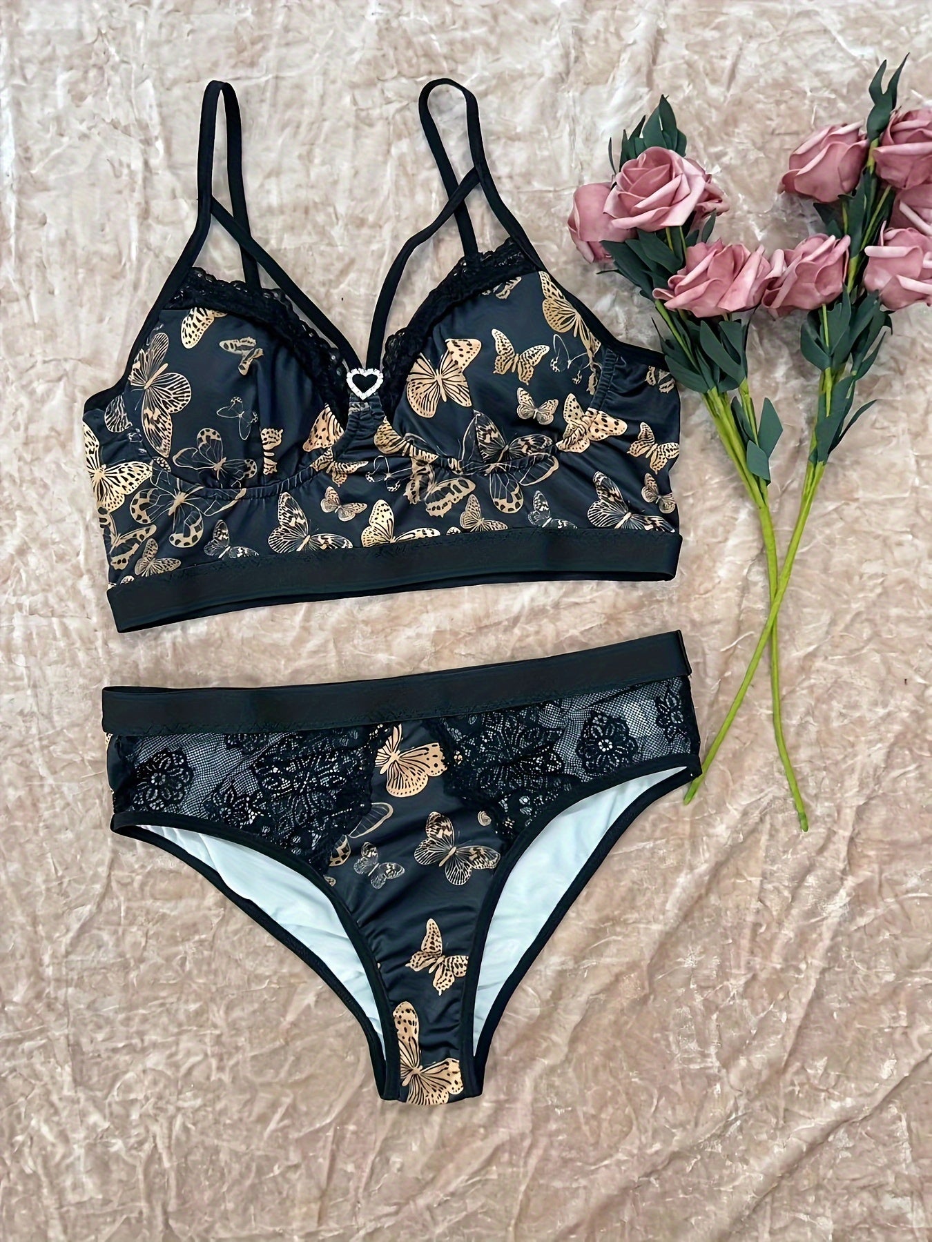 Women's Lace Lingerie Set with Butterfly Print Heart Rhinestone Plunge Bra and Panty
