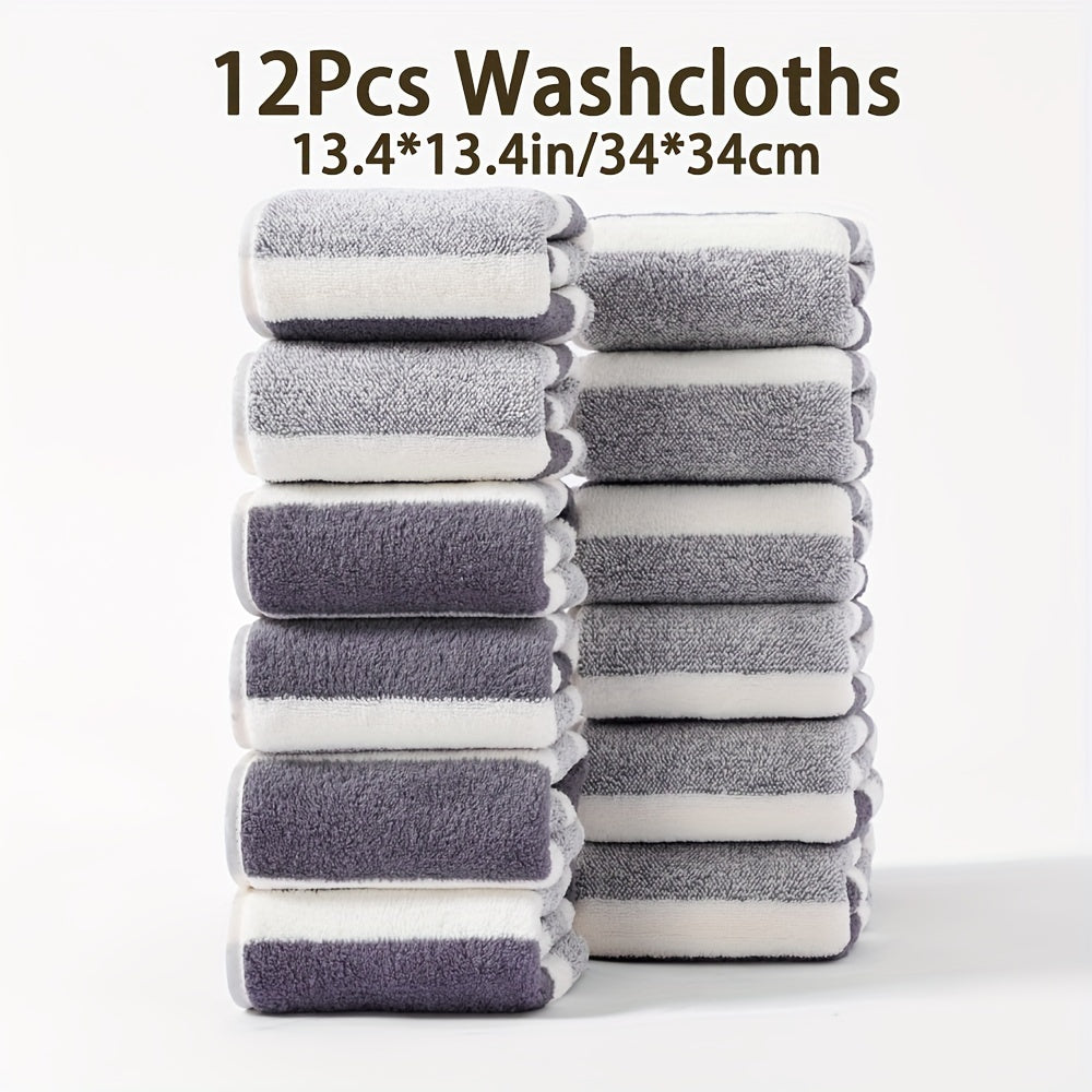 12-Piece Soft Absorbent Striped Coral Fleece Washcloths for Travel and Gym