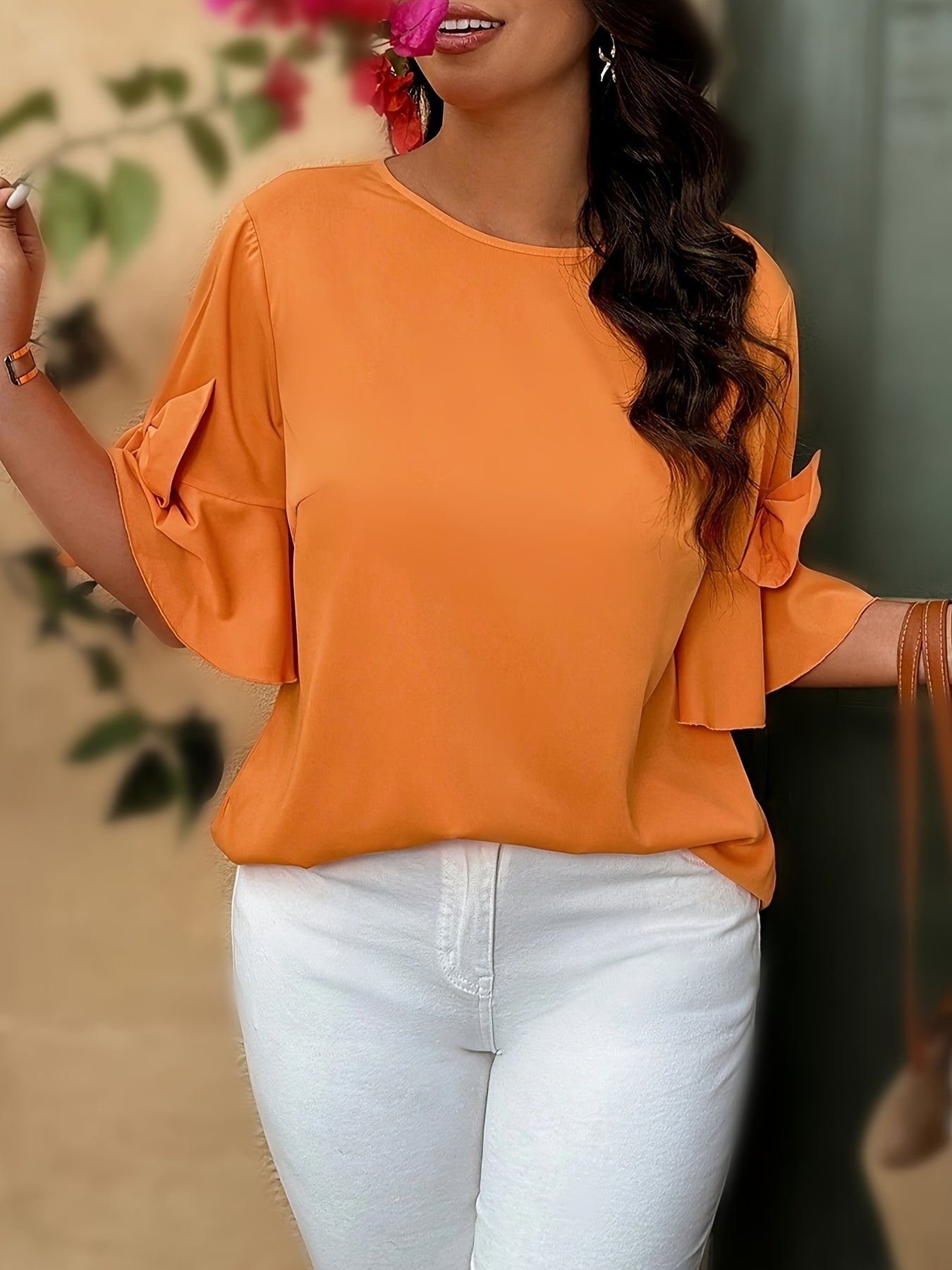 Women's Plus Size Orange Ruffle Sleeve Blouse Casual Summer Top
